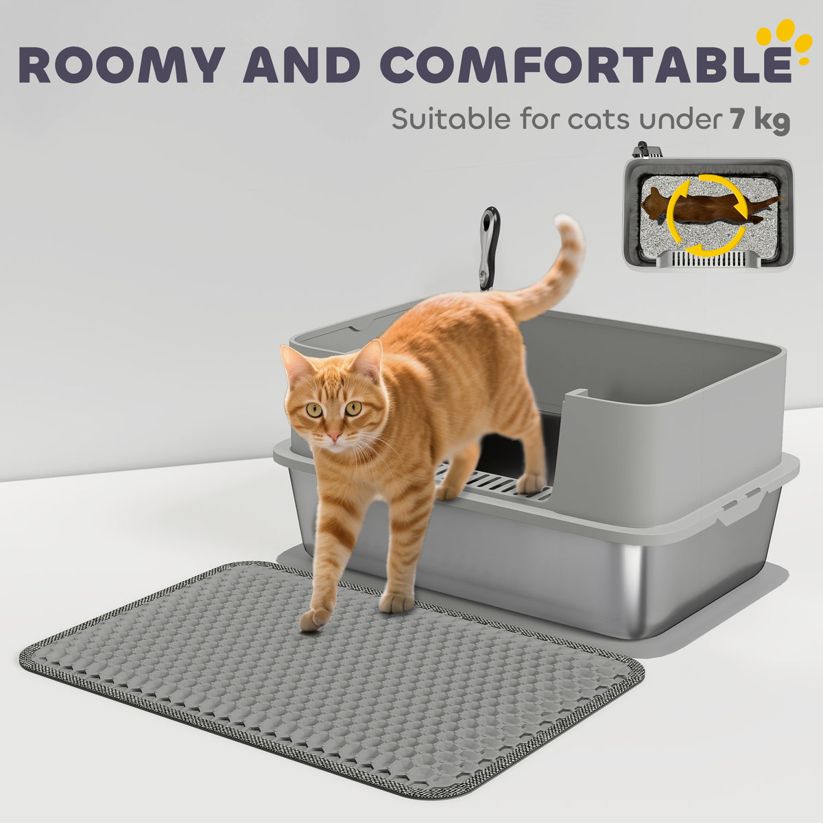 PawHut Stainless Steel Litter Box with High Sides, Scoop & Litter Mat Stainless Steel Litter Box PawHut