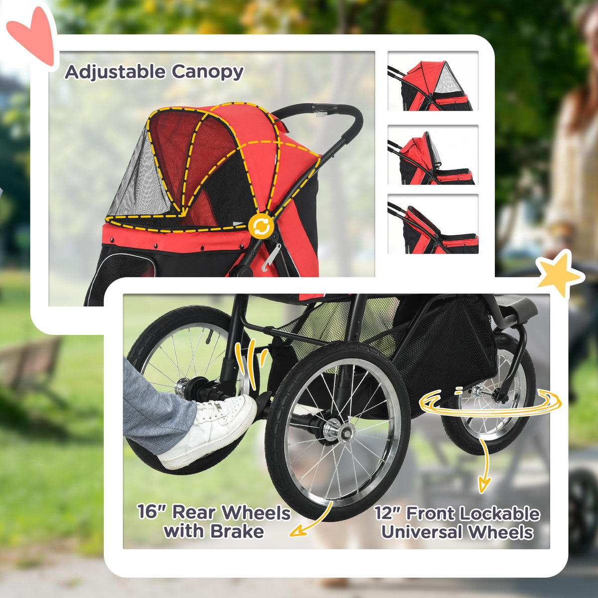 PawHut Foldable Pet Stroller with Three Wheels, for Small, Medium Dogs, Red PawHut