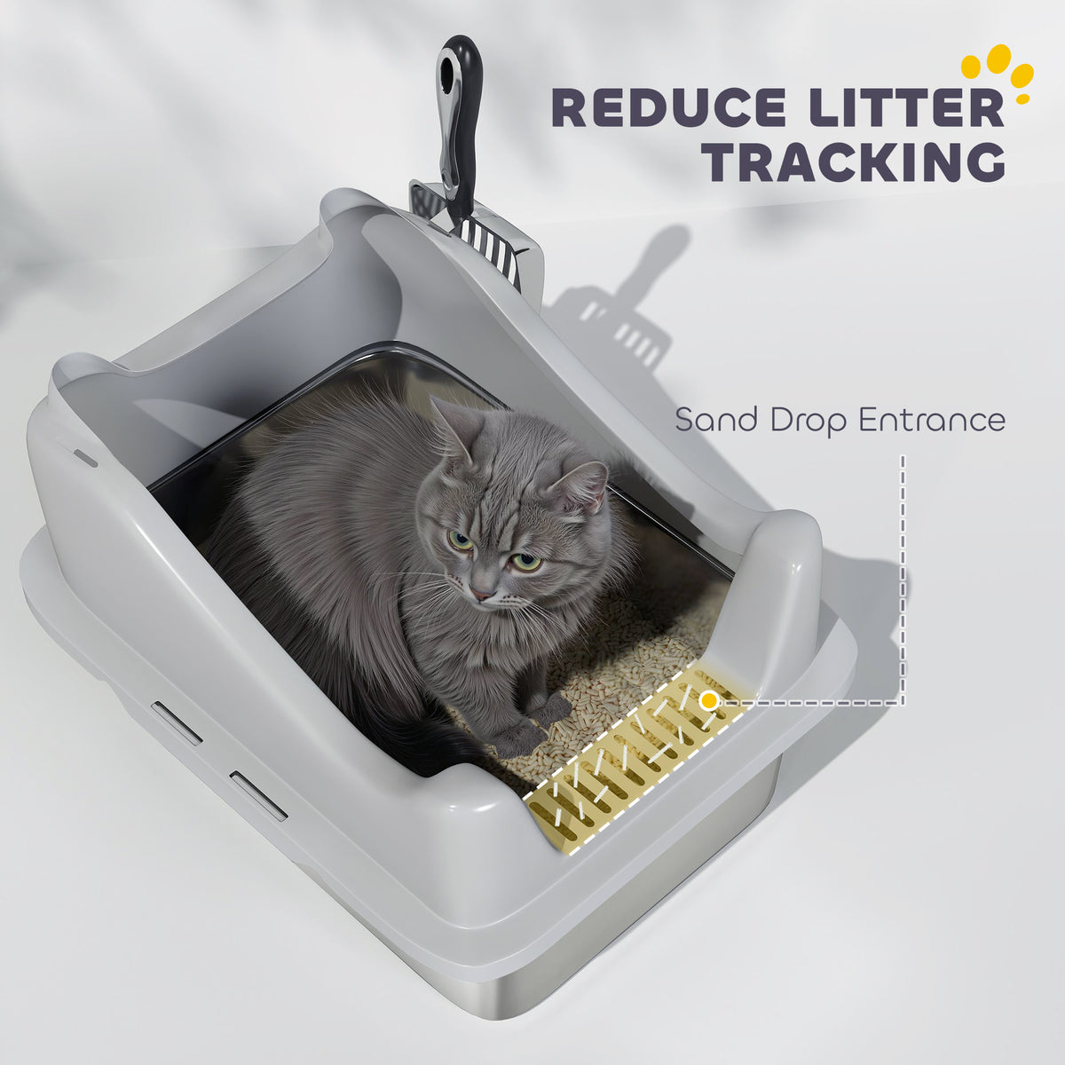 PawHut Stainless Steel Cat Litter Box with High Sides, Metal Scoop, 43 x 33 x 25 cm PawHut