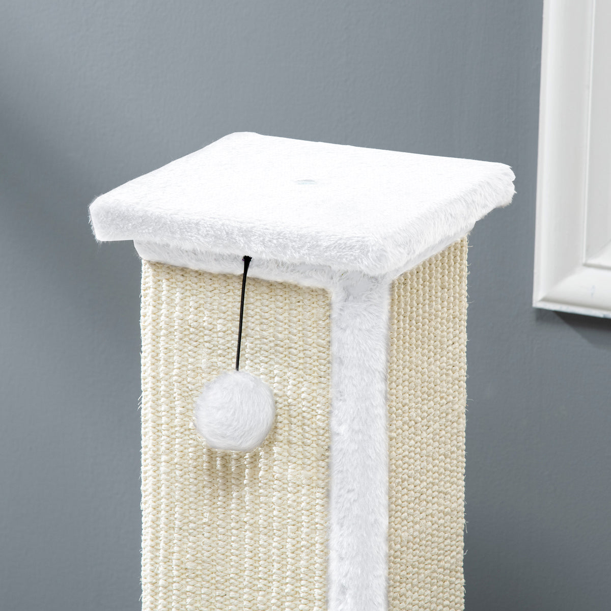 PawHut 81cm Cat Scratcher, Vertical Full Scratcher w/ Natural Sisal Rope, Hanging Ball, Soft Plush - White PawHut