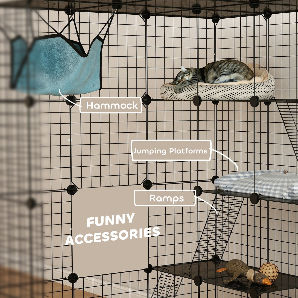 PawHut Steel Wire Cat Cage Indoor with Hammock, Ramps, Doors, DIY Cat Enclosure for 1-3 Cats, Black PawHut