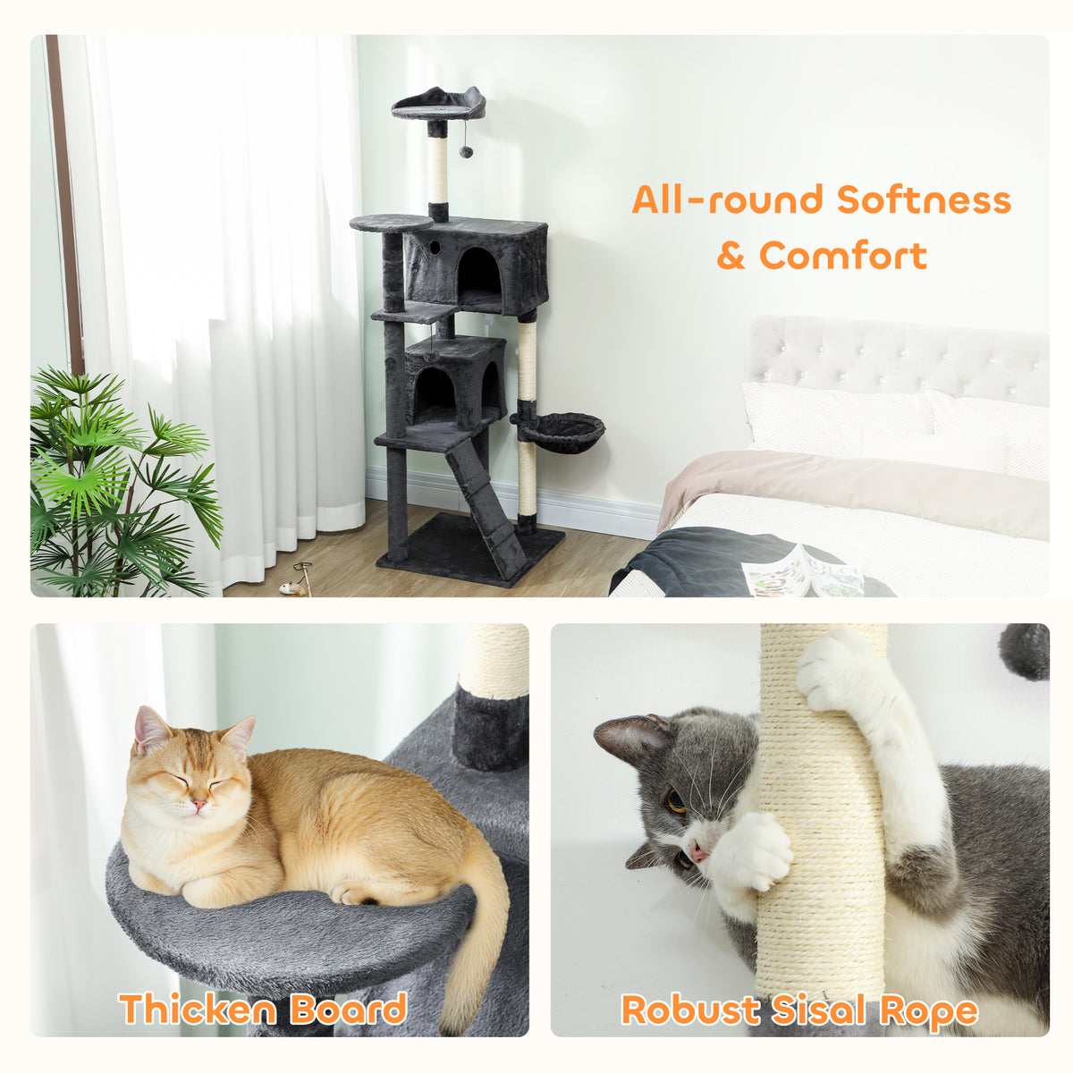 PawHut 180cm Large Cat Tree Tower with Sisal Scratching Posts, Condos, Plush Perches, Hammock, Ladder, Dark Grey PawHut