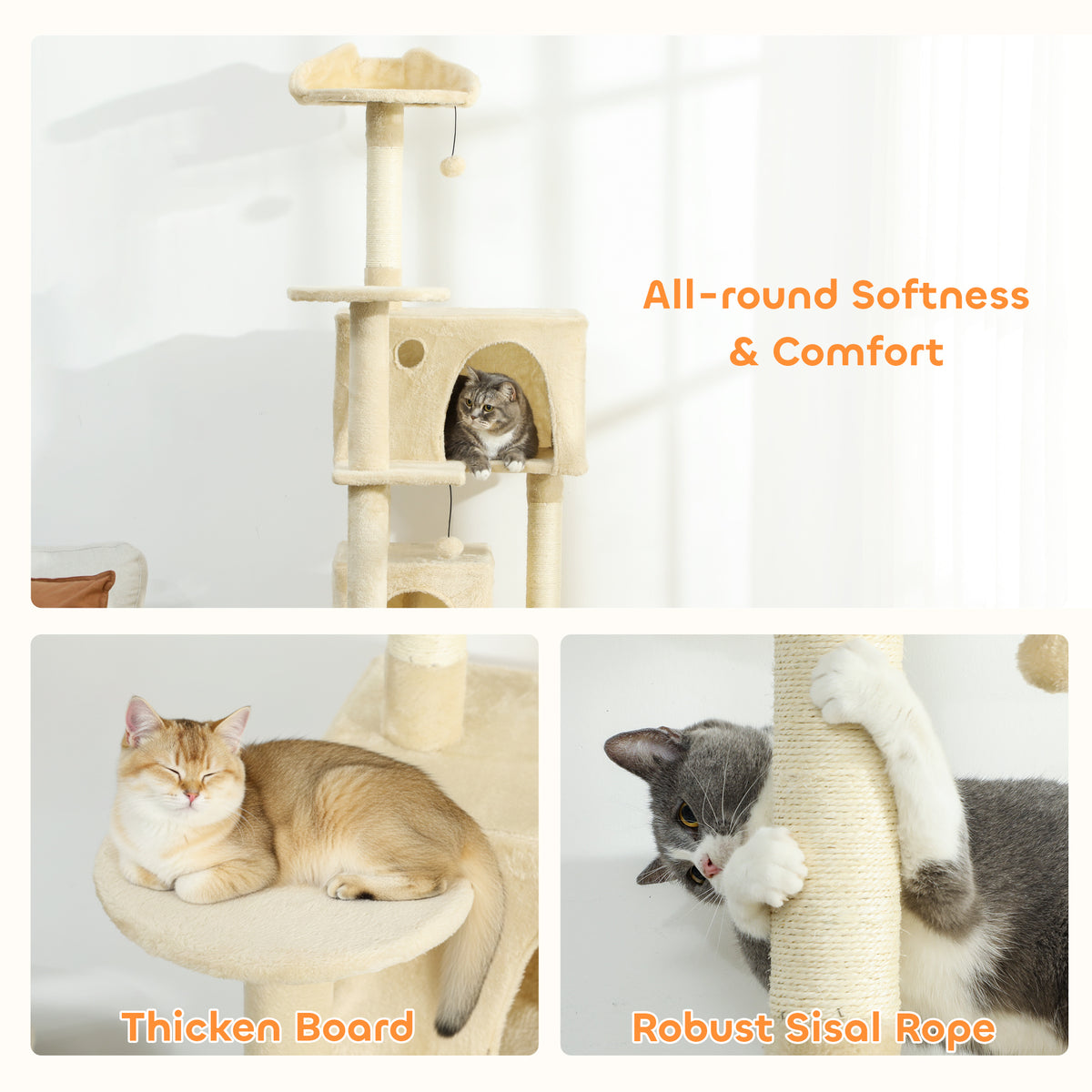 PawHut 180cm Large Cat Tree Tower with Sisal Scratching Posts, Condos, Plush Perches, Hammock, Ladder, Beige PawHut