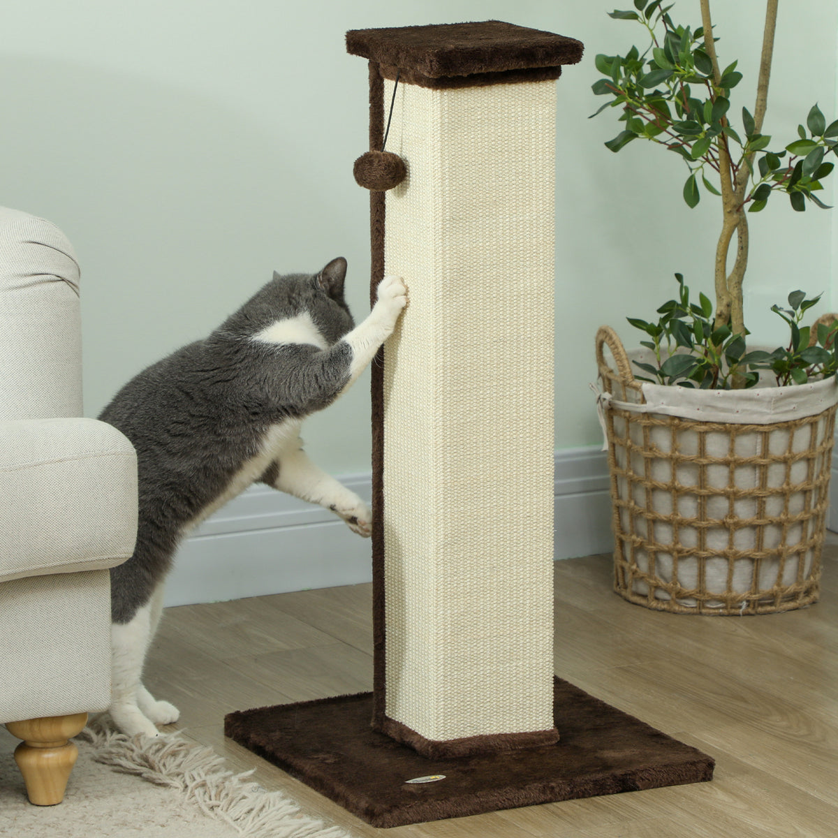 PawHut 81cm Cat Scratcher, Vertical Full Scratcher w/ Natural Sisal Rope, Hanging Ball, Soft Plush - Brown PawHut