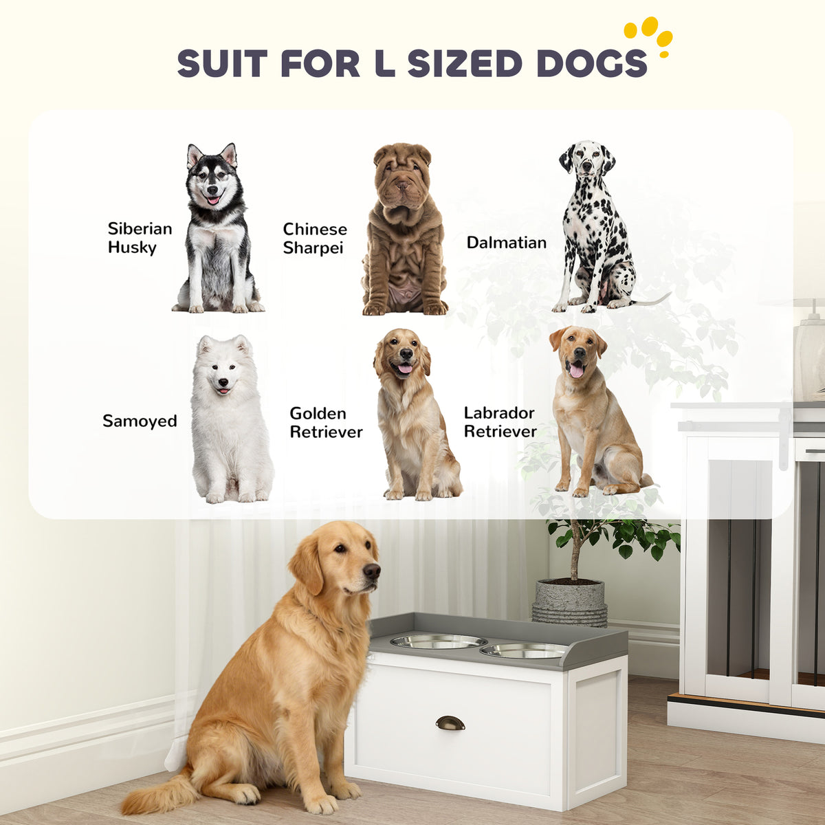 PawHut Stainless Steel Raised Dog Bowls, with 21L Storage Drawer for Large Dogs and Cats - White PawHut