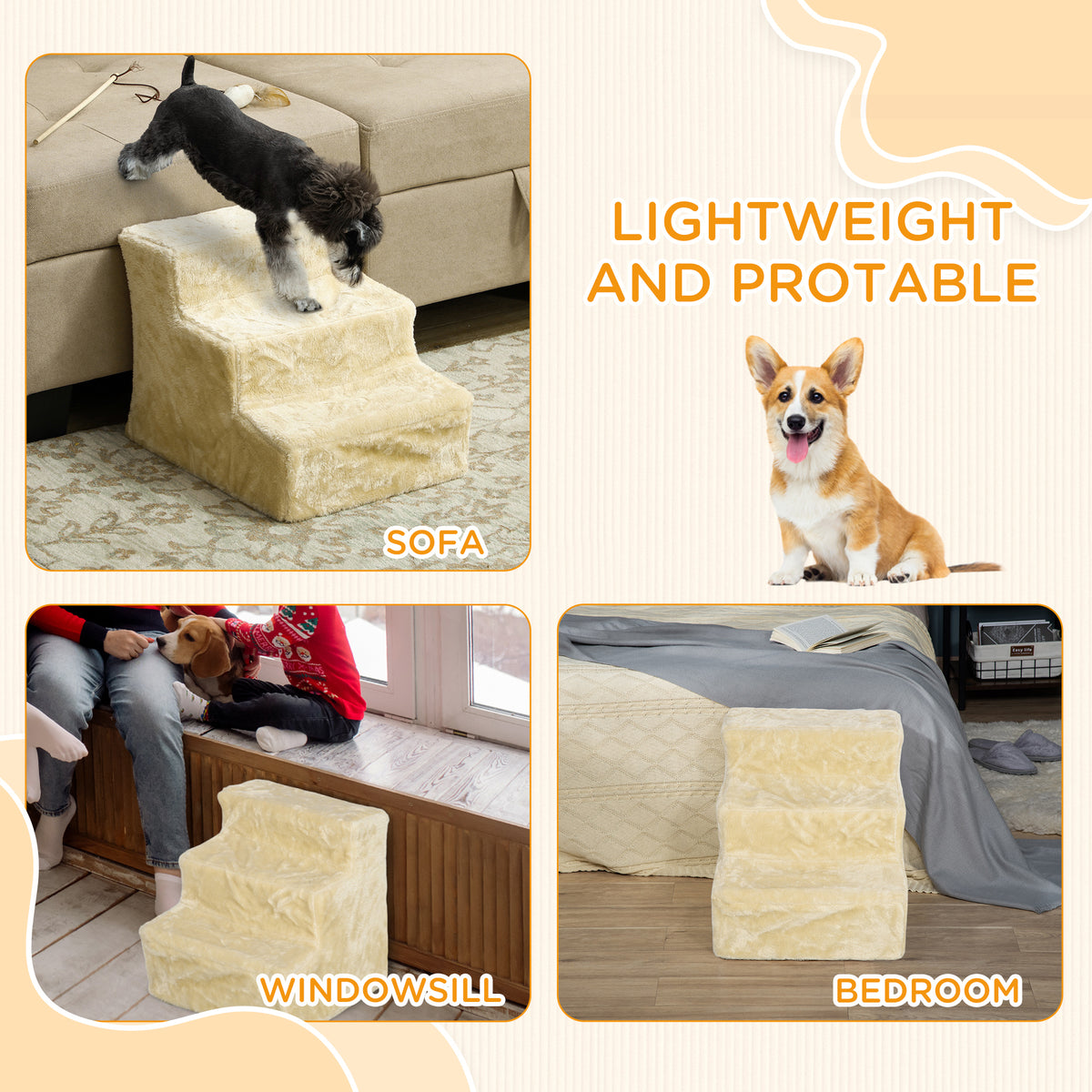 PawHut Three-Step Dog Stairs, with Washable Plush Cover, for High Bed Sofa, Dog Stairs for Small Dog and Cat - Beige PawHut