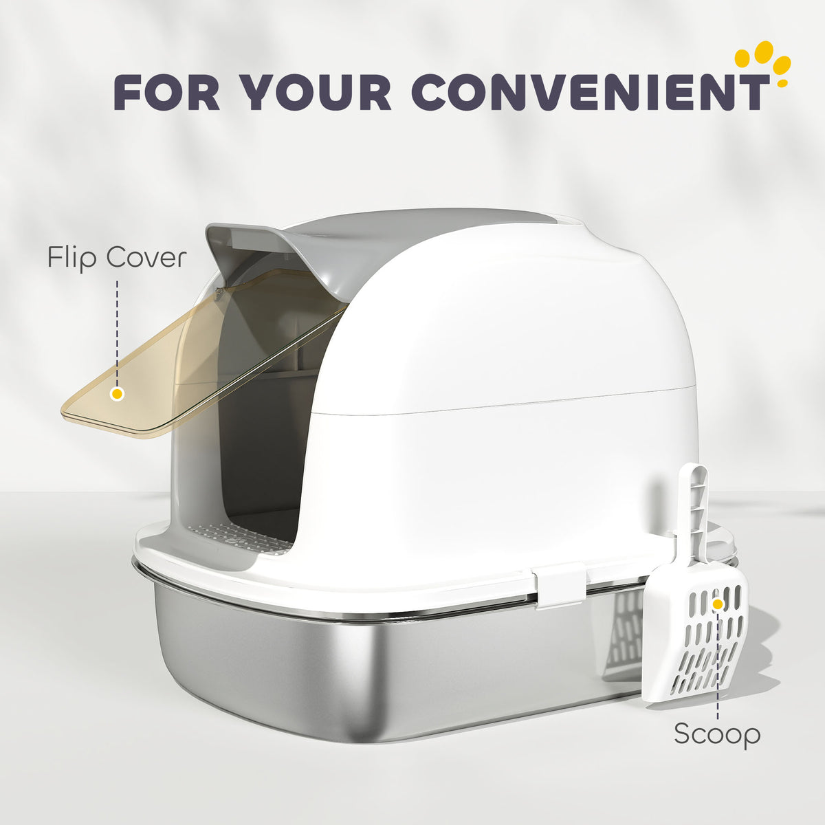 PawHut Stainless Steel Cat Litter Box with Lid, for Cats, Enclosed Cat Litter Box with Flip Cover, Scoop PawHut