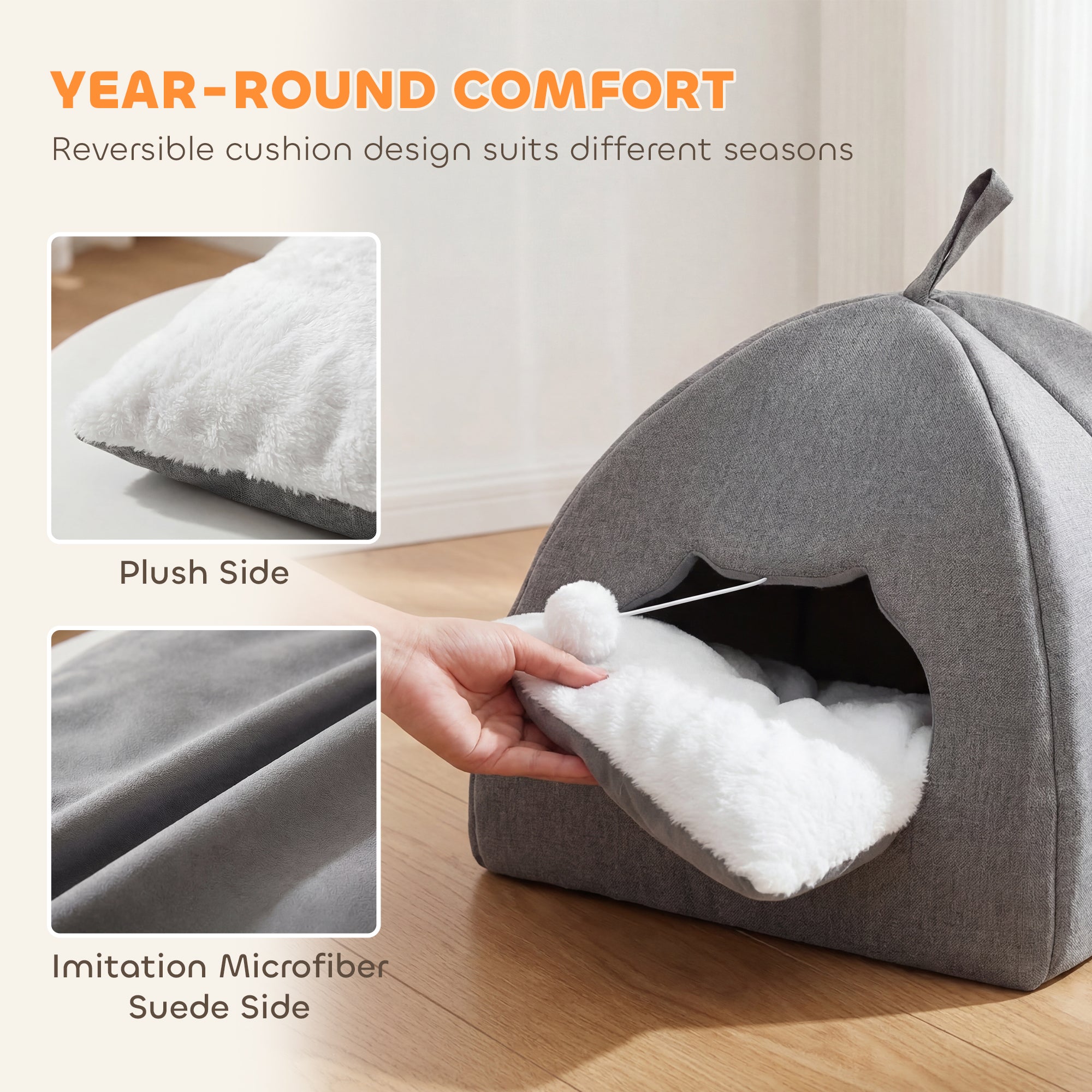 Cat Cave Bed for Indoor Kittens, Cat House with Removable Cushion and Teaser Ball, Kitty Igloo with Anti-Slip Base, Grey