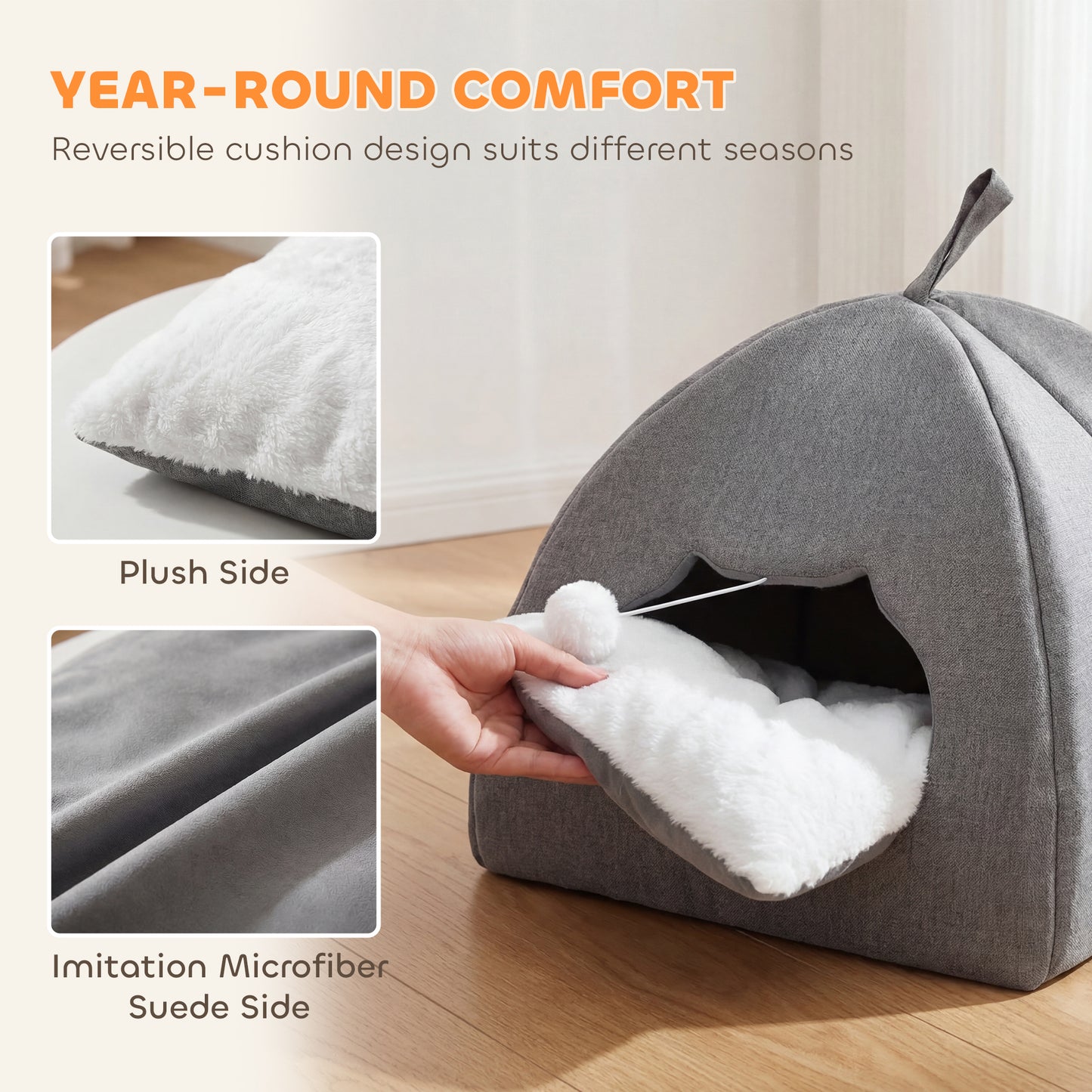 Cat Cave Bed for Indoor Kittens, Cat House with Removable Cushion and Teaser Ball, Kitty Igloo with Anti-Slip Base, Grey