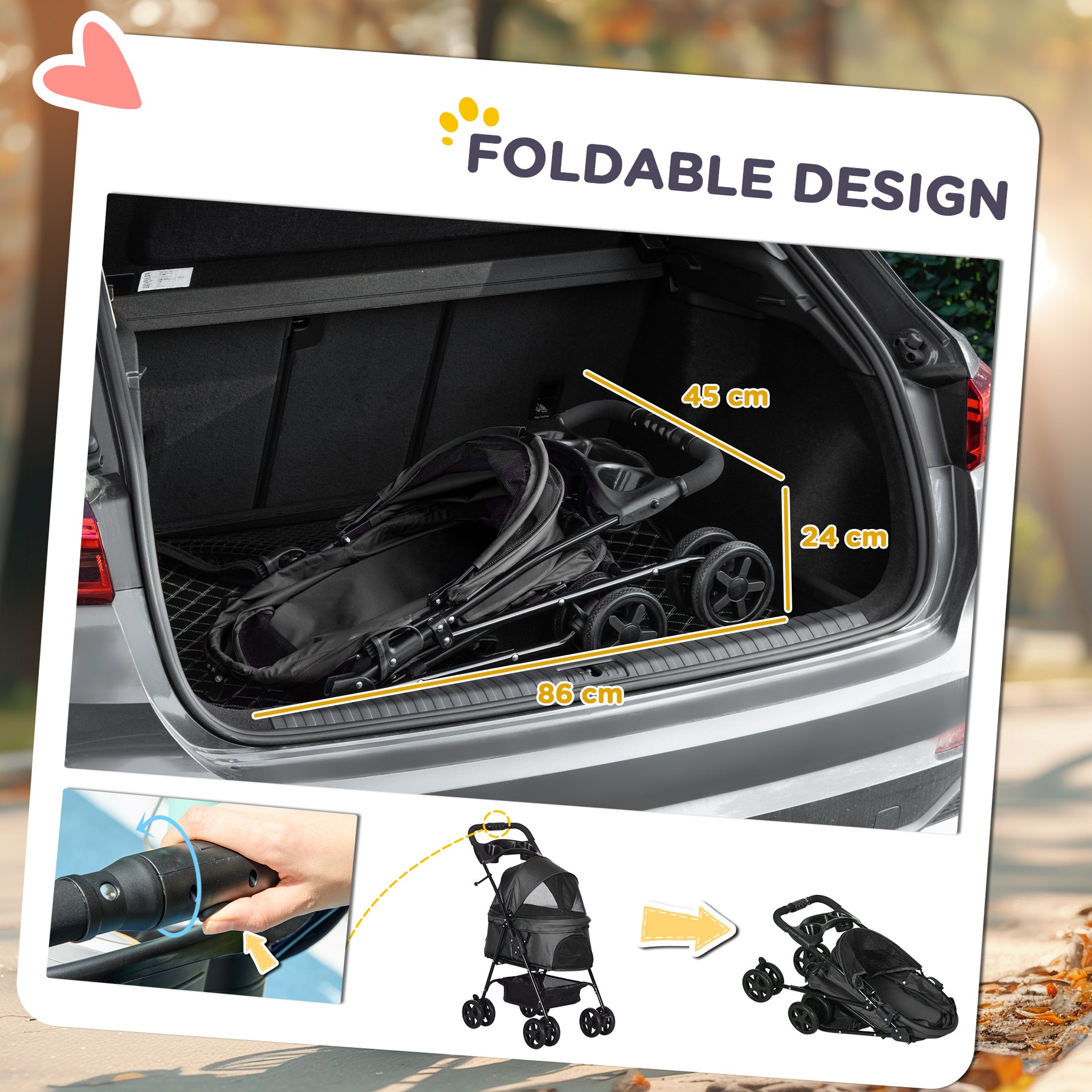 Pet Stroller, Foldable Cat Dog Pushchair, Pet Travel Carriage with 4 Wheels, Adjustable Canopy, for Small Dogs, Black
