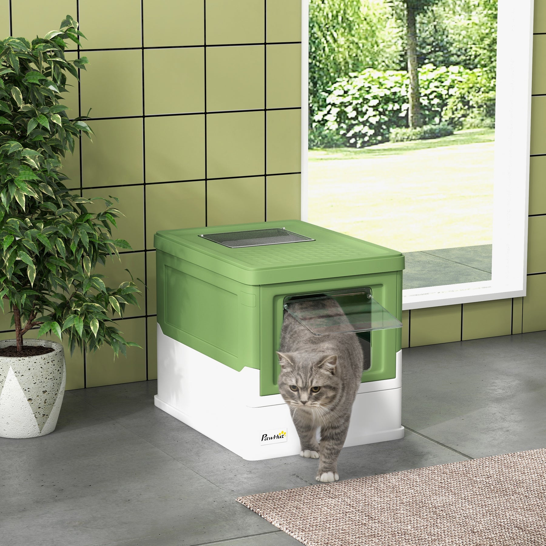 Hooded Cat Litter Box, Portable Pet Toilet, with Scoop, Front Entry - Lime Green