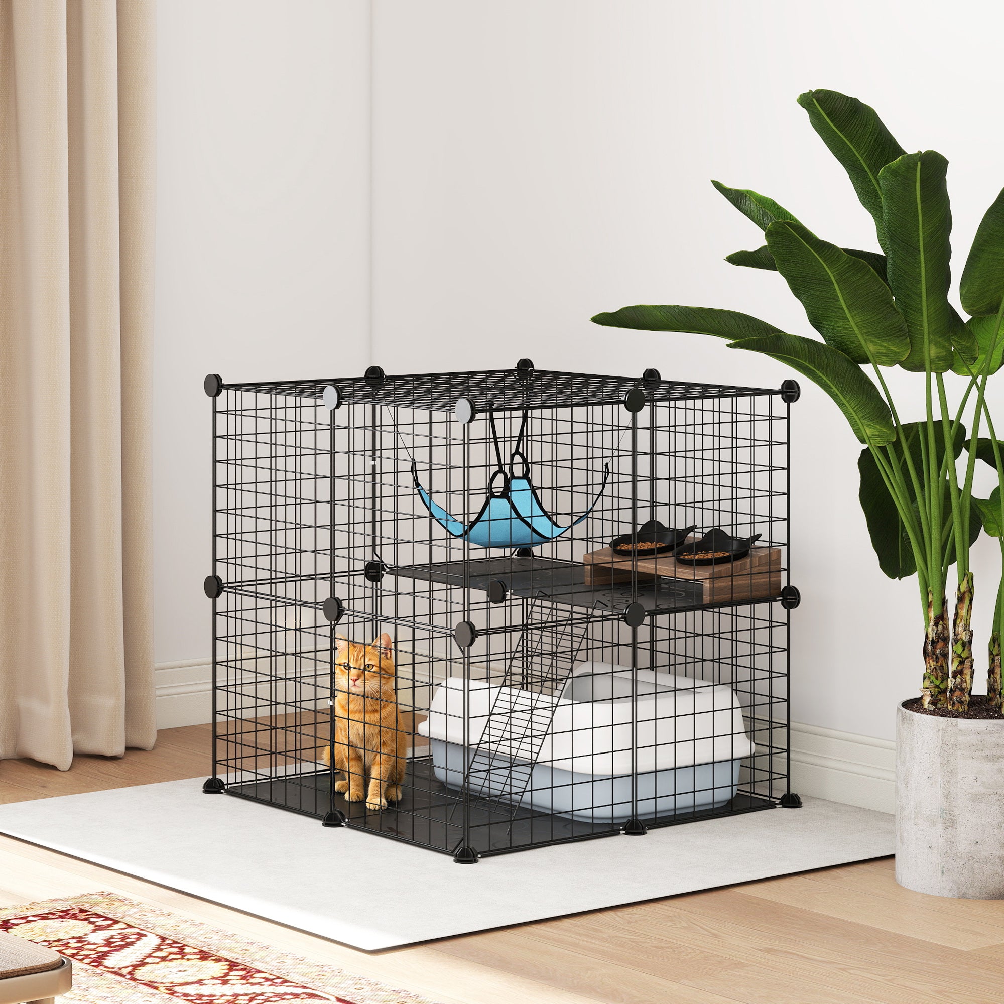 Indoor Cat Cage DIY Customizable 2-Tier Indoor Cat Enclosure with 2 Doors and Hammock  Black
