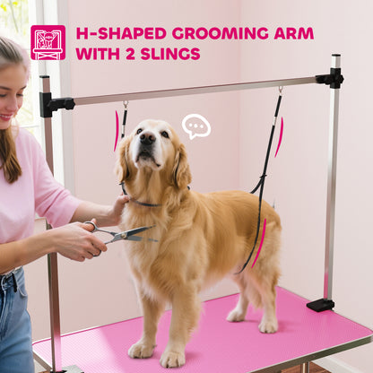 PawHut 42" Dog Grooming Table, Adjustable Pet Cat Drying Beauty Table with 2 Loops Storage Basket, Rubber Top, Pink PawHut