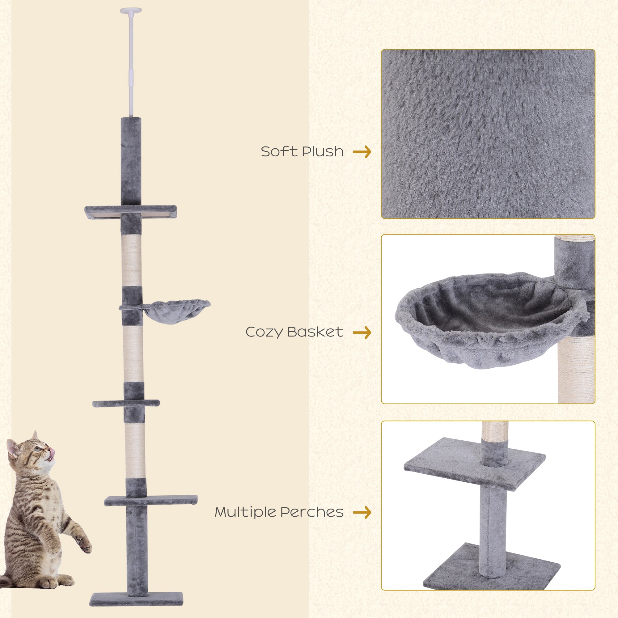 Cats Floor to Ceiling Scratching Post w/ 5-Tier Plush Leisure Platforms Grey