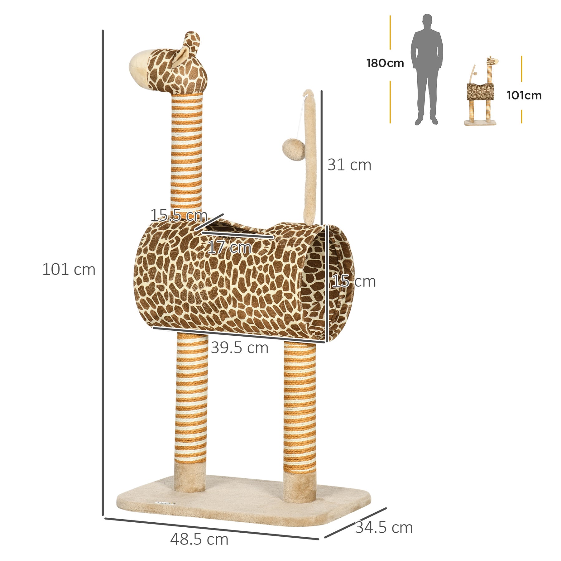Giraffe Cat Tree, Indoor Play Tower with Scratching Posts, Tunnel, Ball Toy