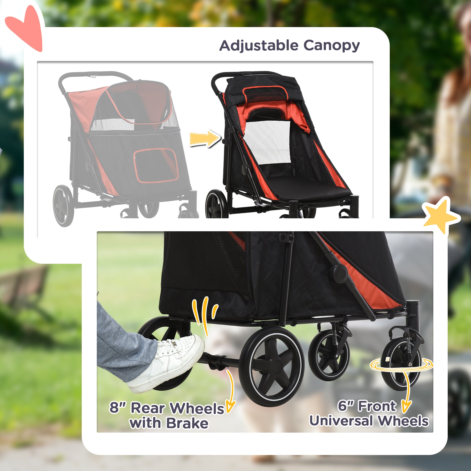 Pet Stroller with Universal Front Wheels, Shock Absorber, One Click Foldable Dog Cat Carriage with Brakes, Storage Bags, Red