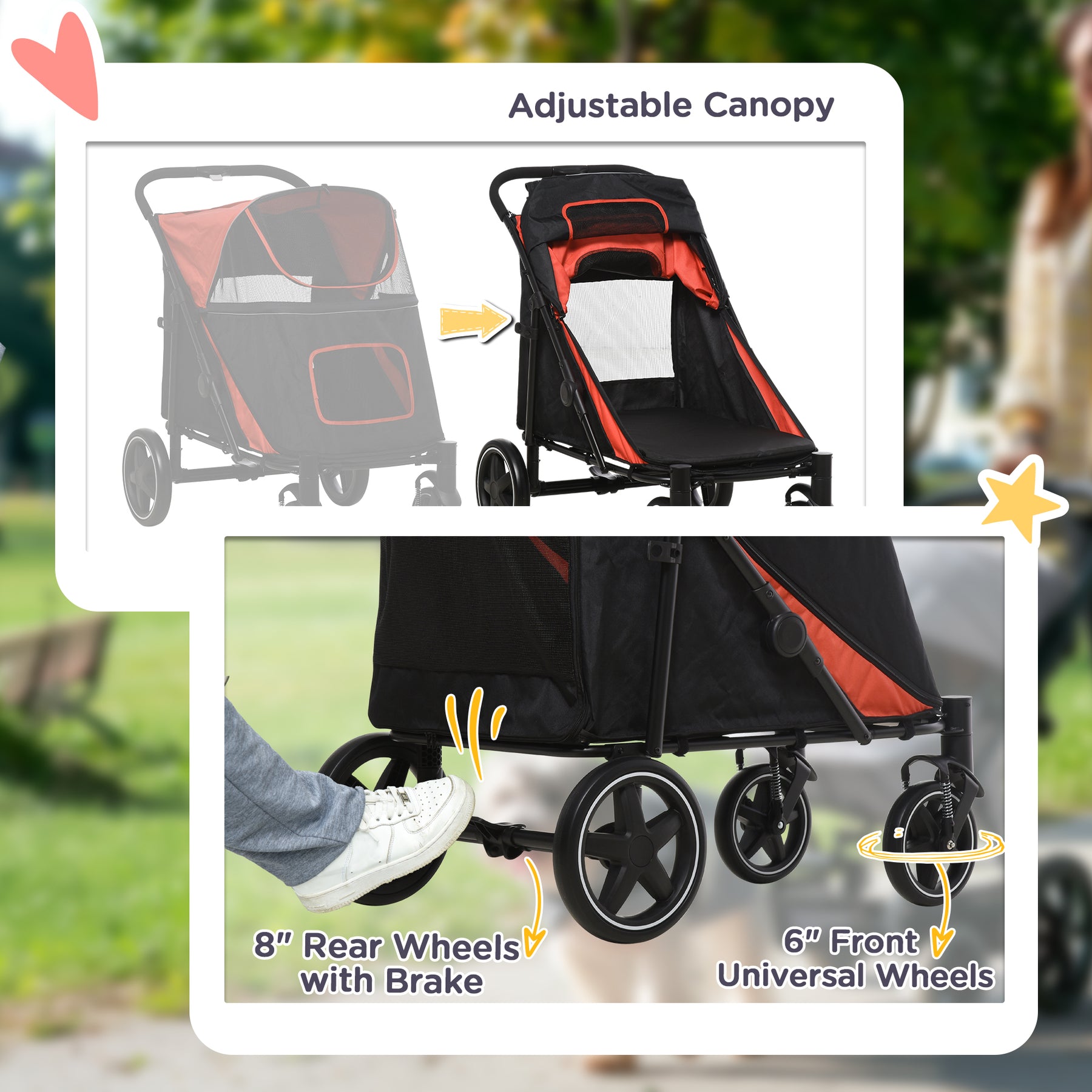 Pet Stroller with Universal Front Wheels, Shock Absorber, One Click Foldable Dog Cat Carriage with Brakes, Storage Bags, Red