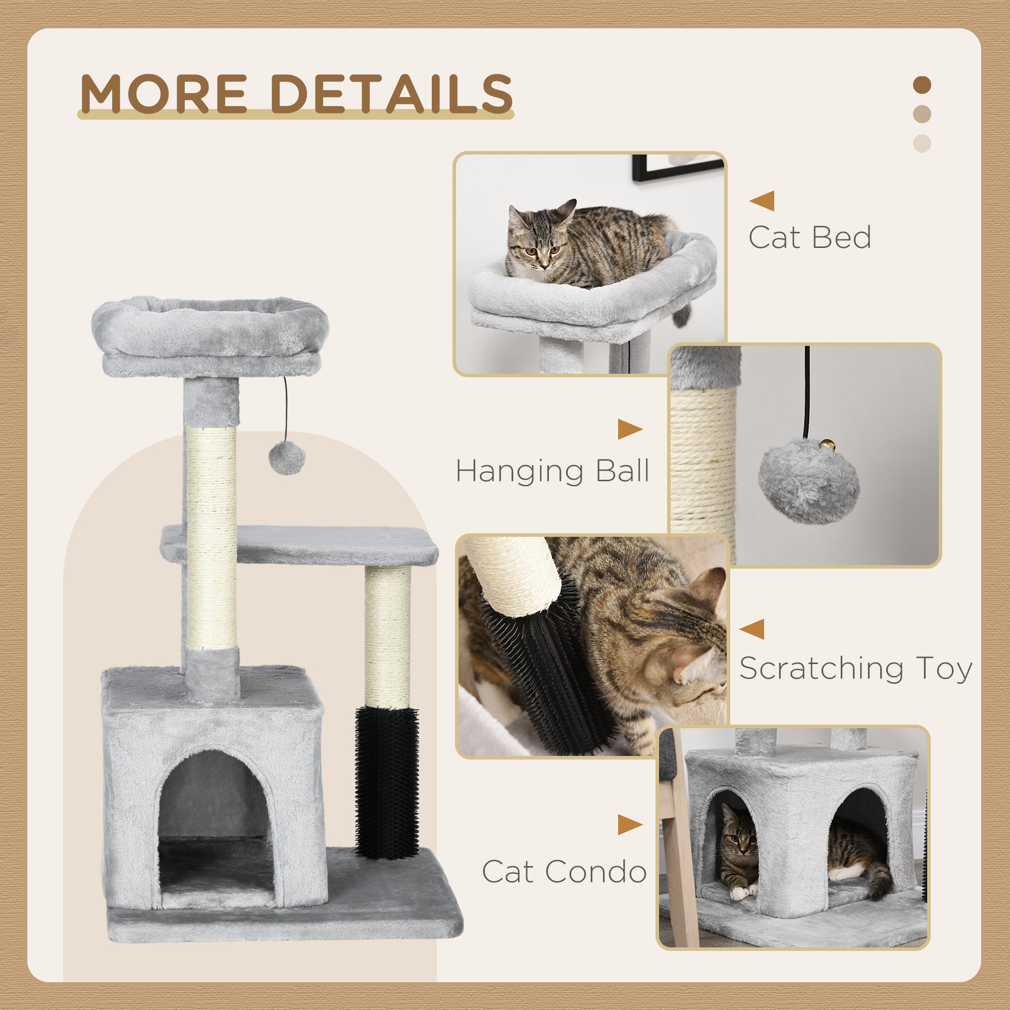 Cat Tree Tower with Sisal Scratching Posts, Kitten Climbing Activity Centre, Massage Toy Included, Light Grey