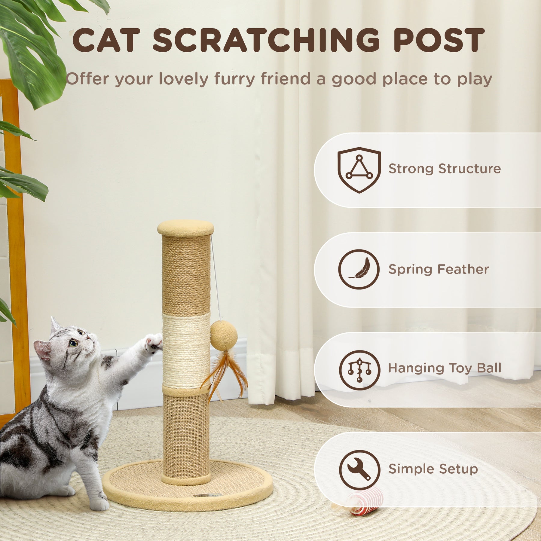 Cat Scratching Post for Indoor Cats, Cat Scratcher with Jute Sisal Rope, Hanging Toy Ball, Feather, Brown