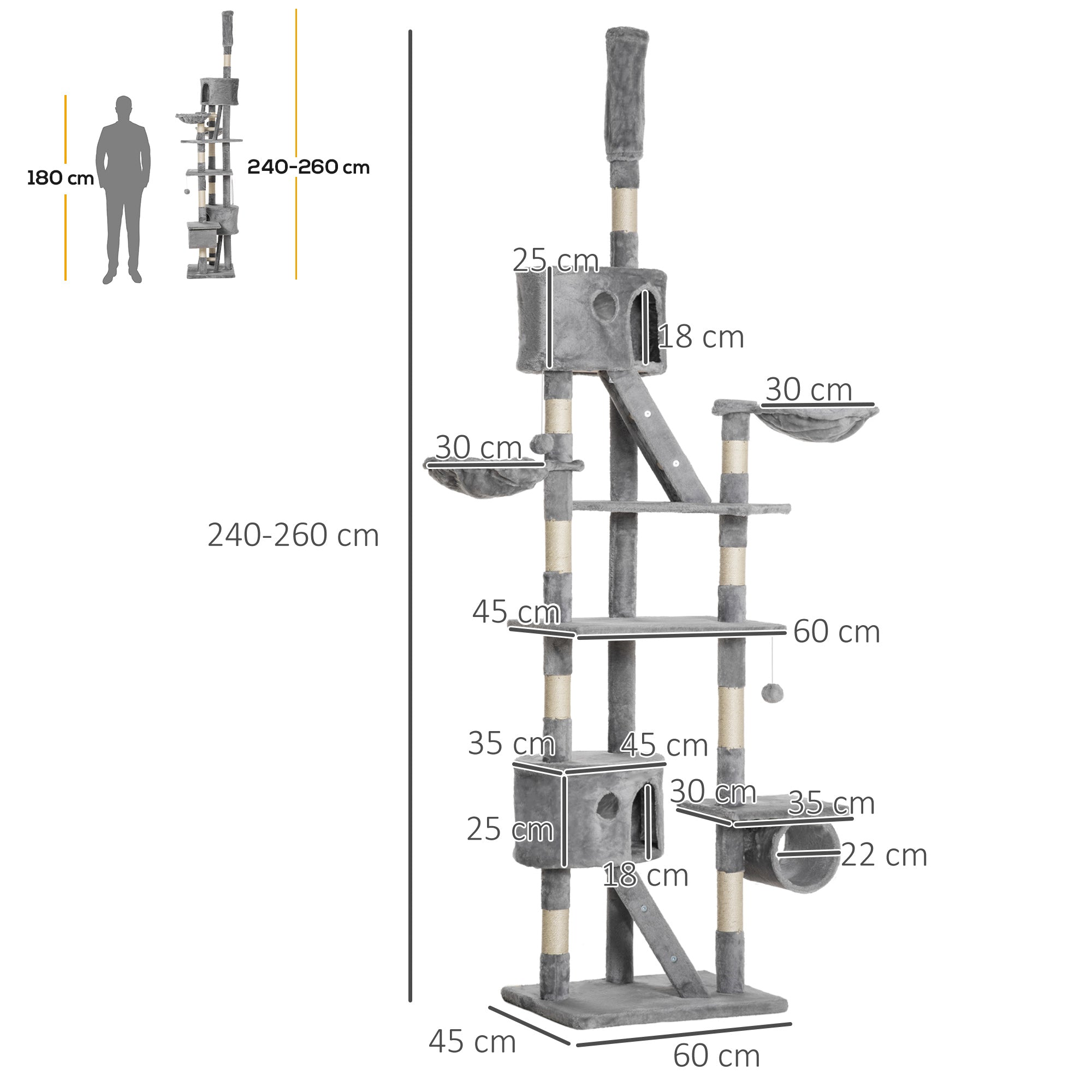 Floor to Ceiling Cat Tree for Indoor Cats Adjustable Height Light Grey