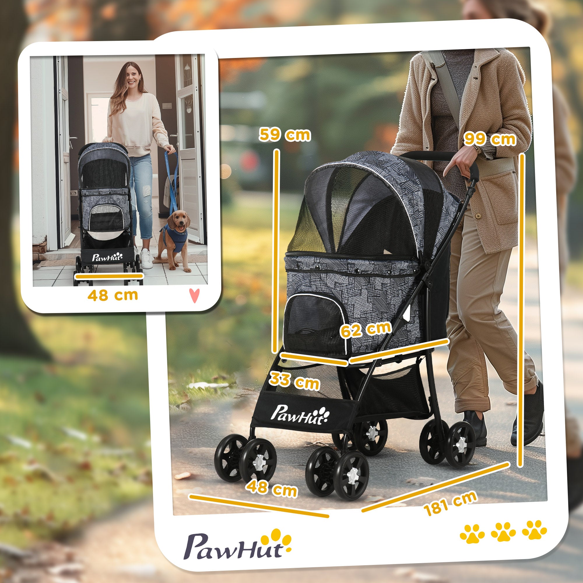 Pet Stroller, Dog Pushchair, Cat Travel Carriage, Foldable w/ Carrying Bag, Universal Wheels, Brake Canopy, for XS & S Pets, Grey