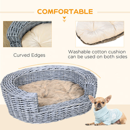 PawHut Wicker Pet Bed Willow Dog Cat Sofa Puppy Basket with Cushion Grey 57L x 46W x 17.5H cm PawHut