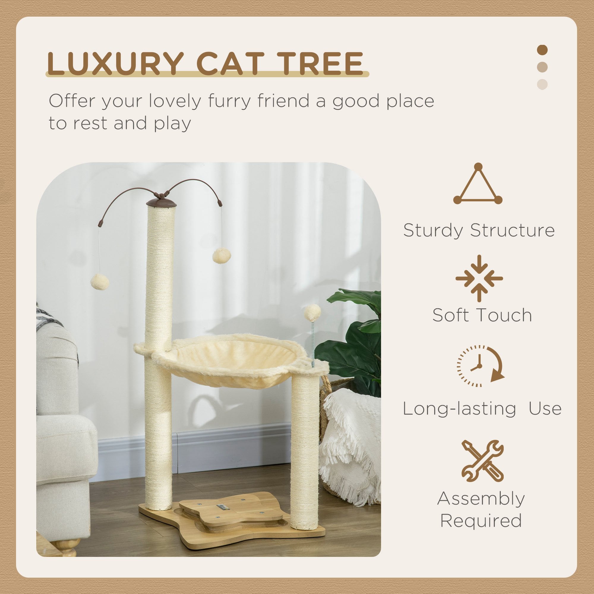 Cat Tree Indoor Kitten Play Tower, Sisal Scratching Posts with Hammock & Ball Toy, Beige
