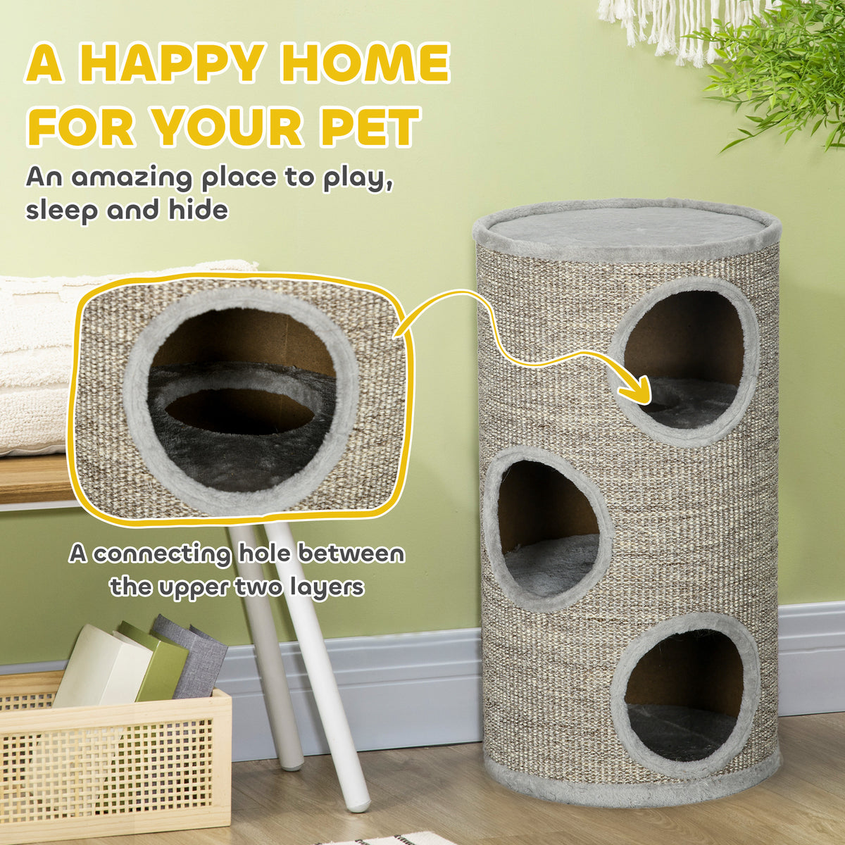 PawHut Cat Scratching Barrel 70cm with 3 Tiers – Light Grey Cat Scratching Barrels PawHut