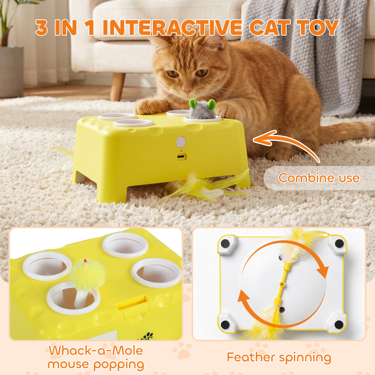 PawHut 3-in-1 Interactive Cat Toy with Popping Mouse, Spinning Feather & Automatic Play Interactive Cat Toy PawHut