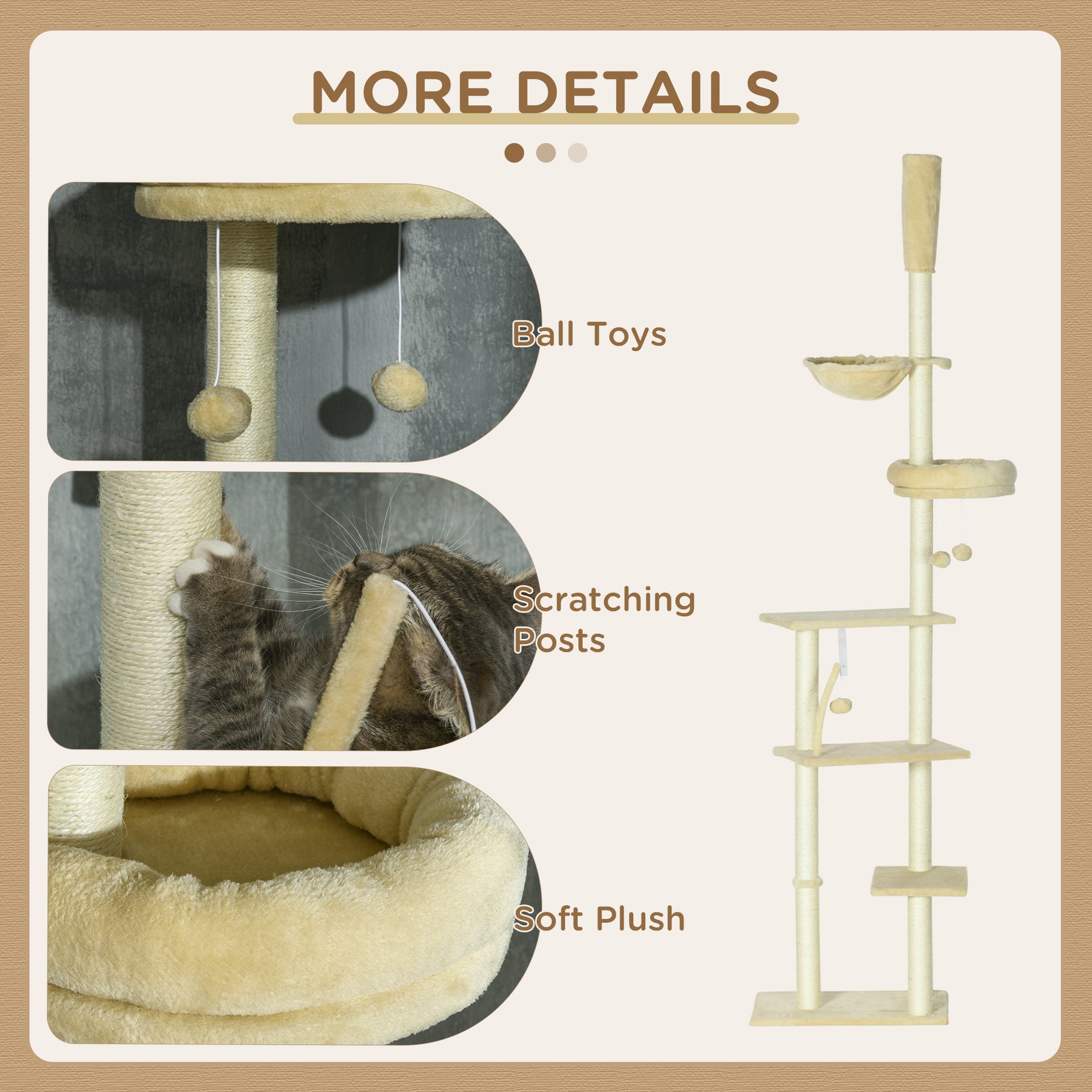 Cat Tree Floor to Ceiling, 6-Tier Play Tower with Scratching Post, Platforms, Adjustable Height, Beige