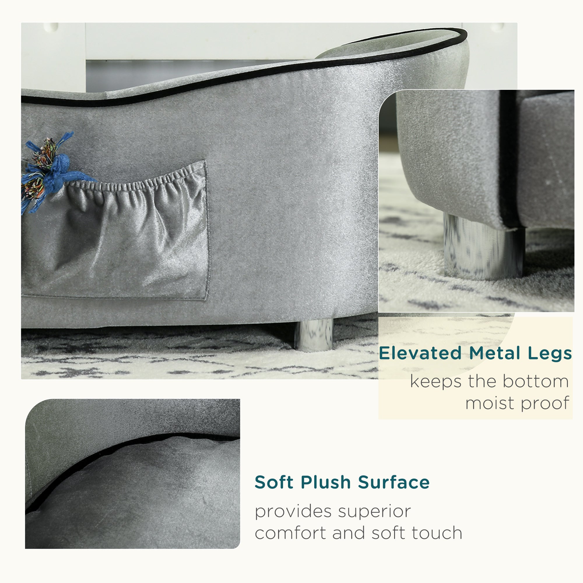 Pet Sofa with Storage Pocket, Modern Dog Bed & Cat Lounger, Removable Cushion, Silver Grey