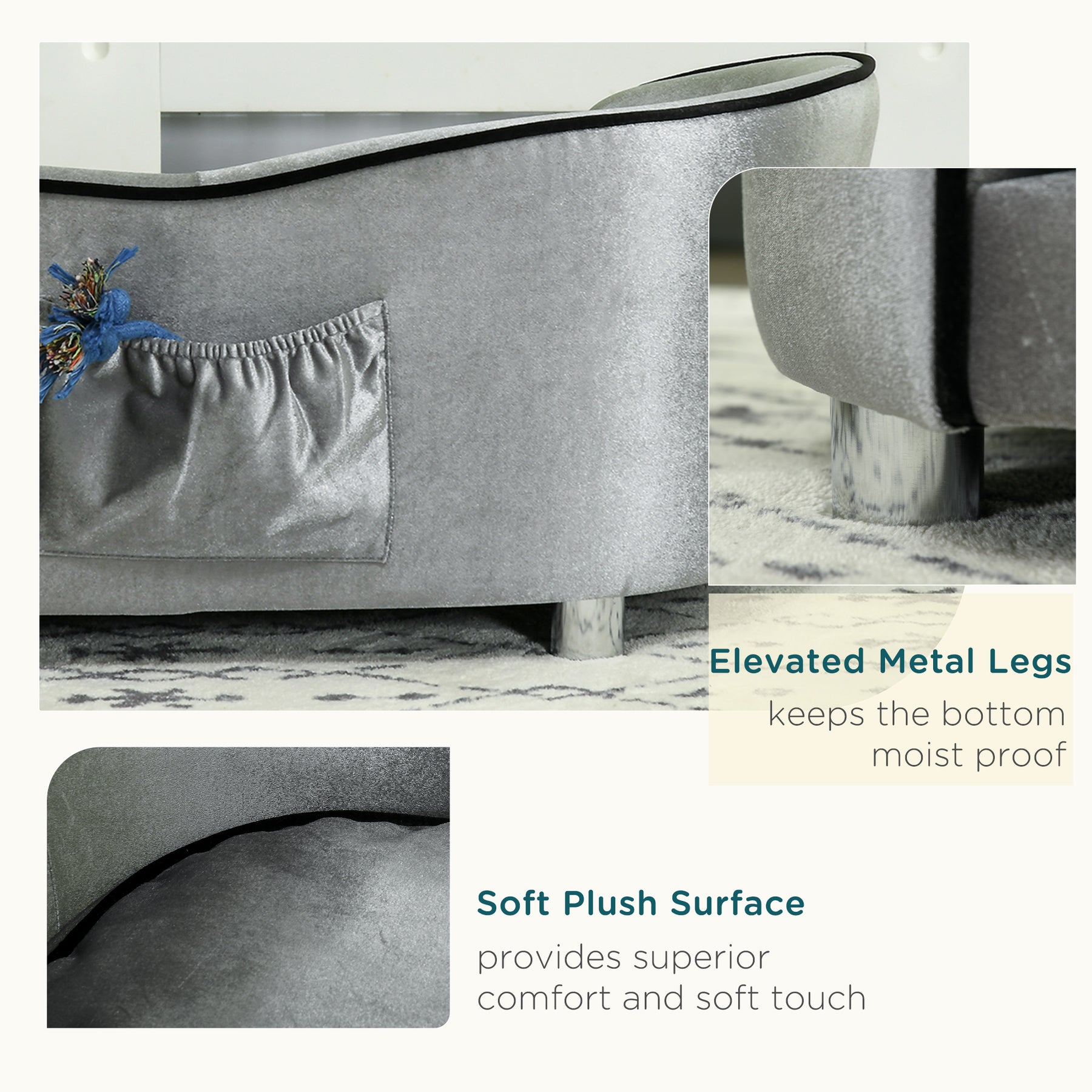 Pet Sofa with Storage Pocket, Modern Dog Bed & Cat Lounger, Removable Cushion, Silver Grey
