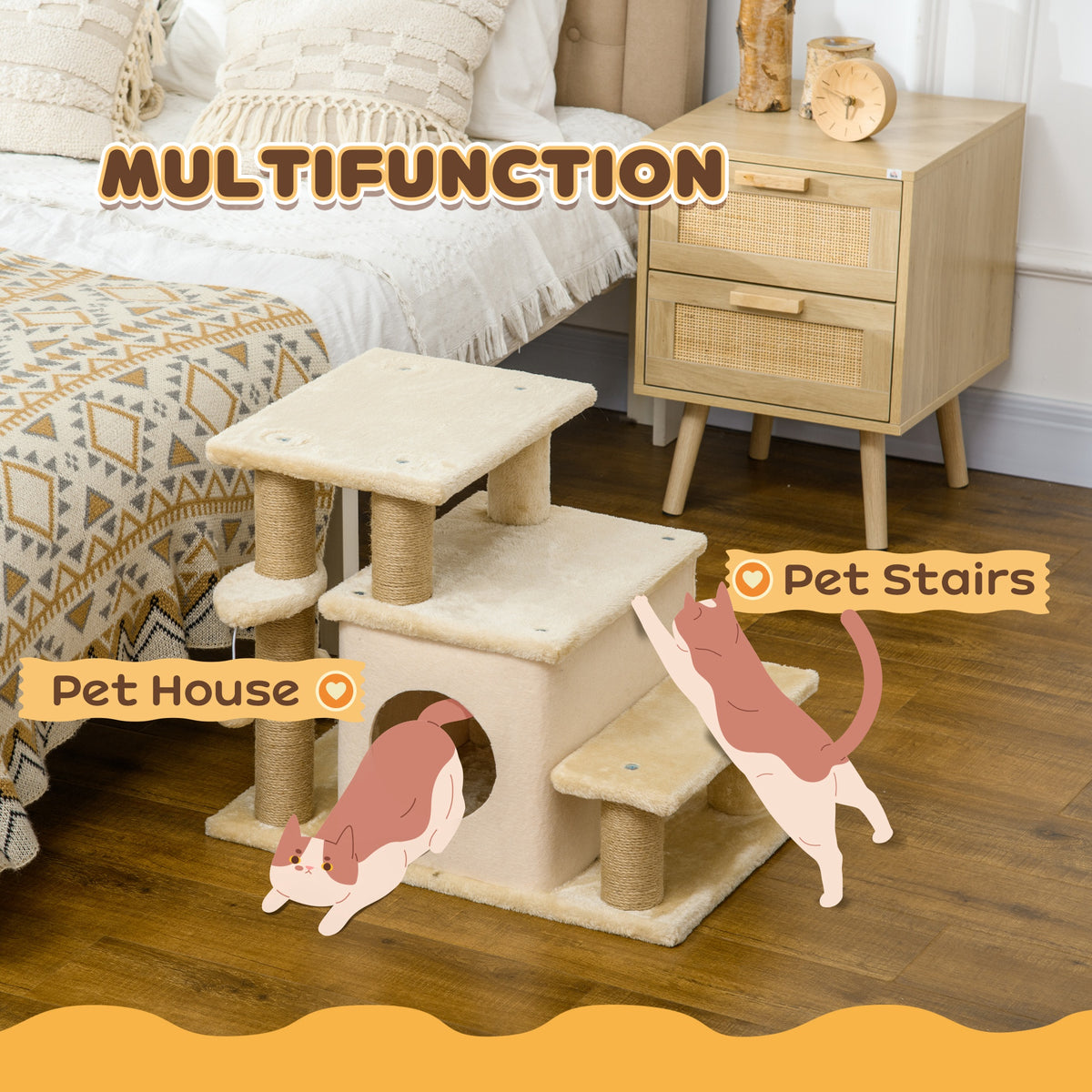 PawHut Adjustable Cat Steps, with House & Hanging Toy Ball - Beige PawHut