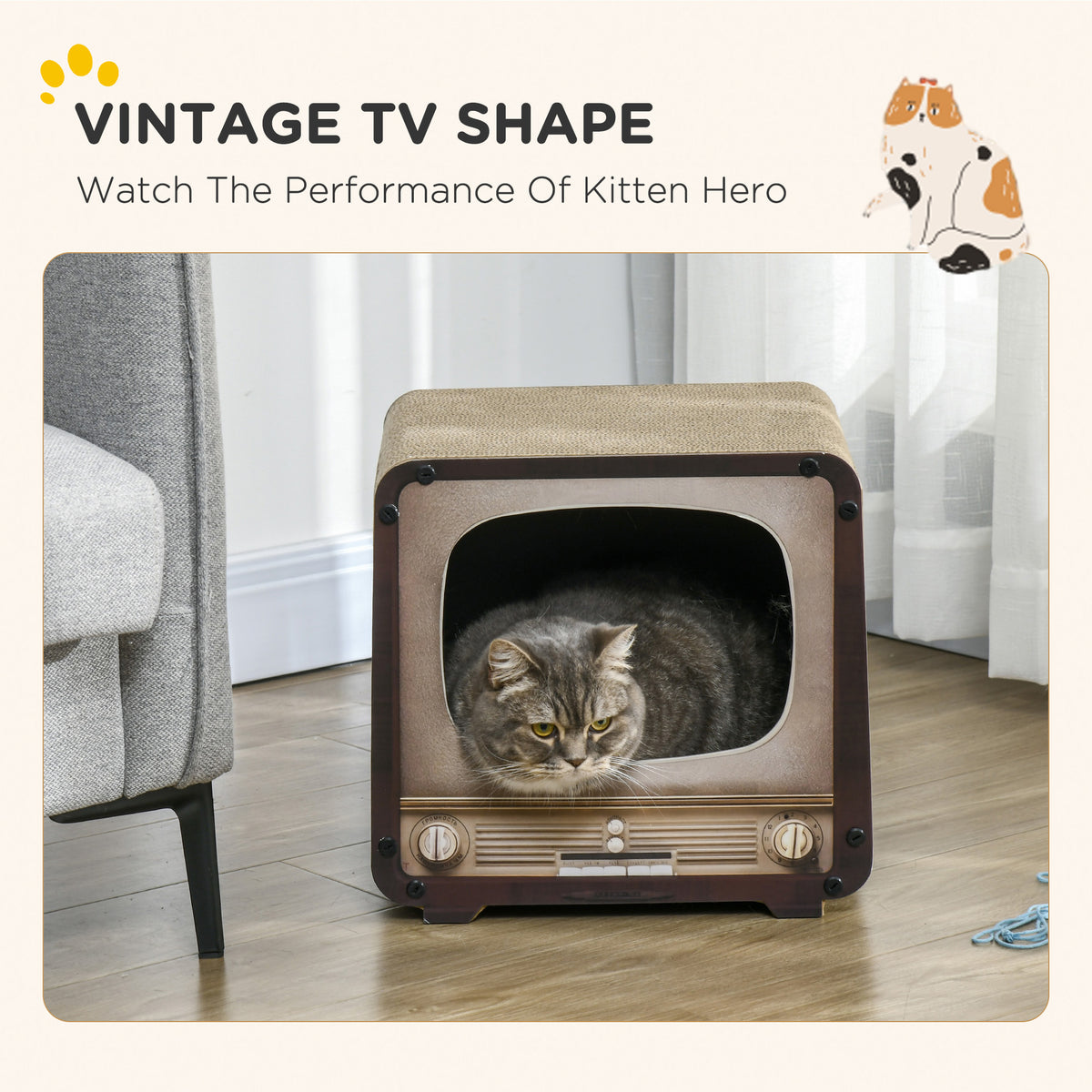 PawHut 2 in 1 TV Shape Cat Scratching Board House with Catnip, for Indoor Cats, Brown PawHut