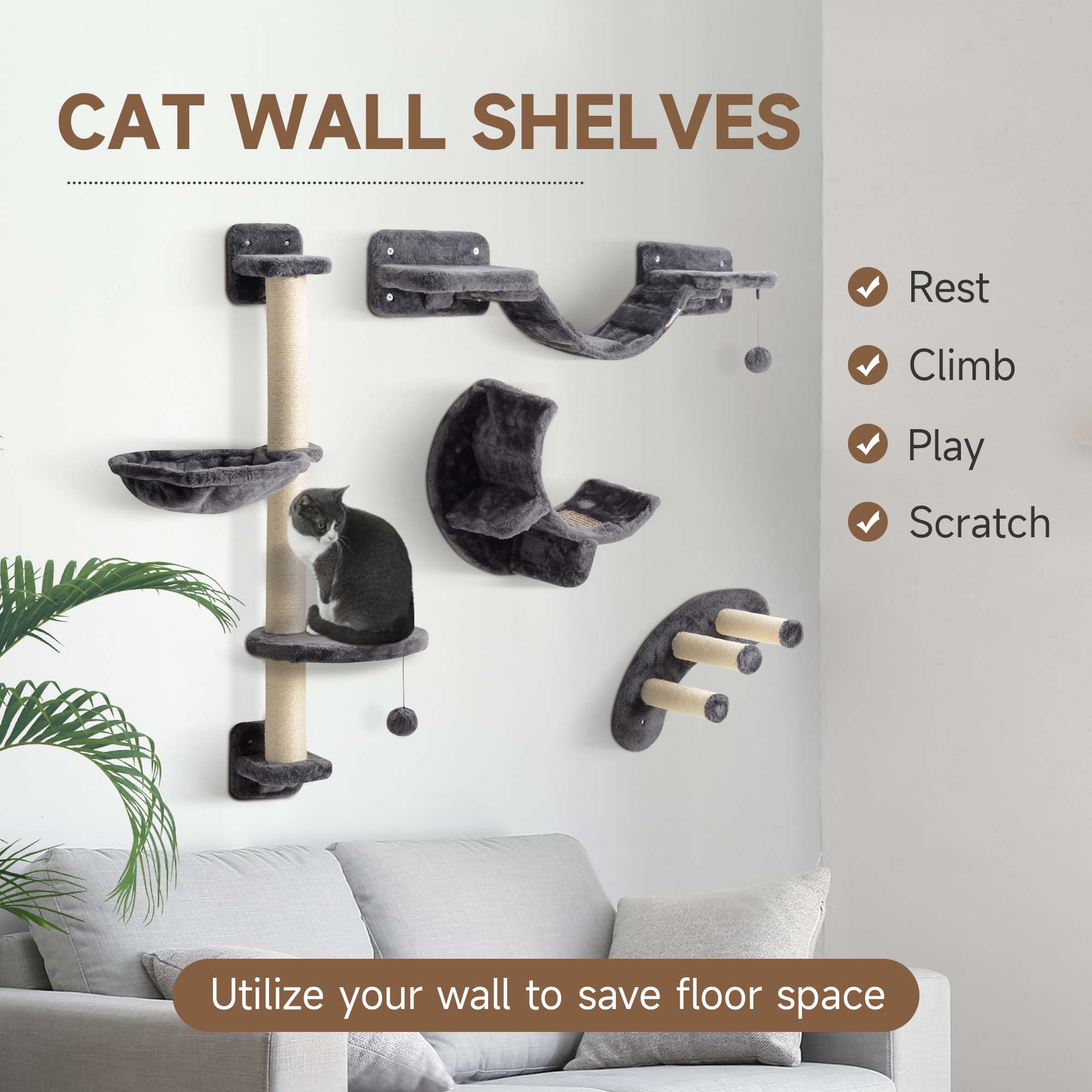 Four-Piece Cat Wall Furniture, with Hammock, Ladder, Platforms, Steps, for Indoor Use - Dark Grey