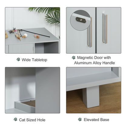 PawHut Wooden Cat Litter Box Enclosure & House with Nightstand/End Table Design, Scratcher, & Magnetic Doors, Grey PawHut