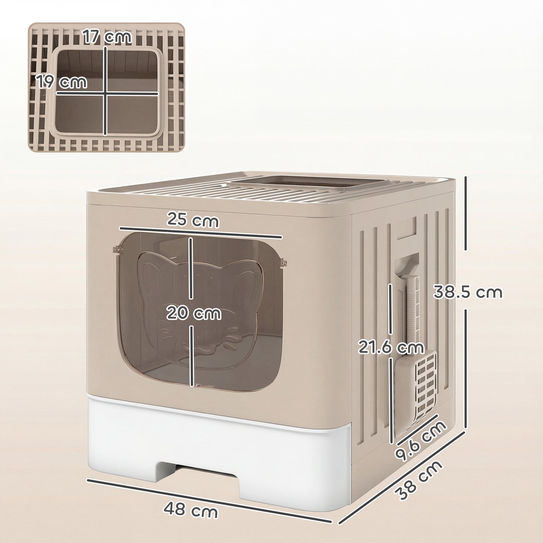 Foldable Cat Litter Box with Lid, Slide-Out Drawer, Scoop, Easy Clean, Odour Control, Anti-Splashing, Khaki