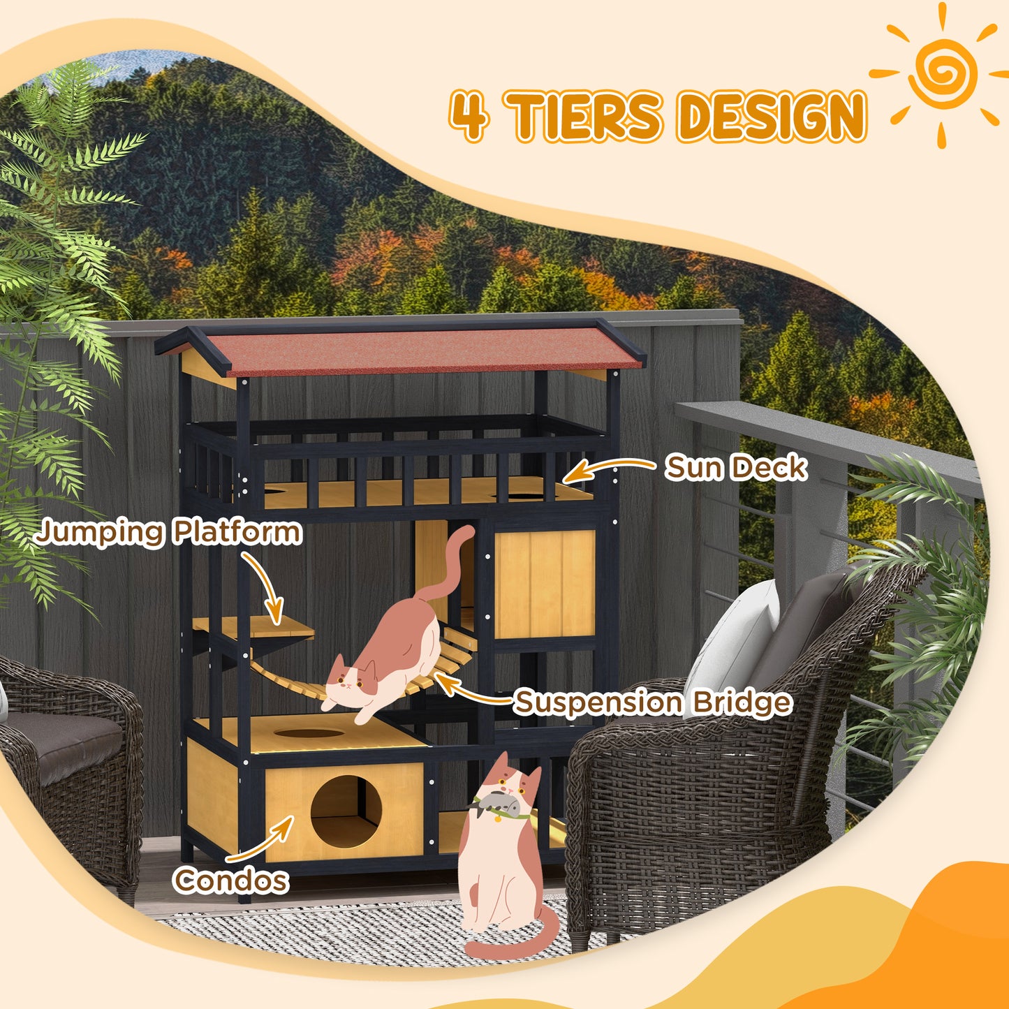 Outdoor Cat Shelter Four Tier Wooden Feral House Aosom UK
