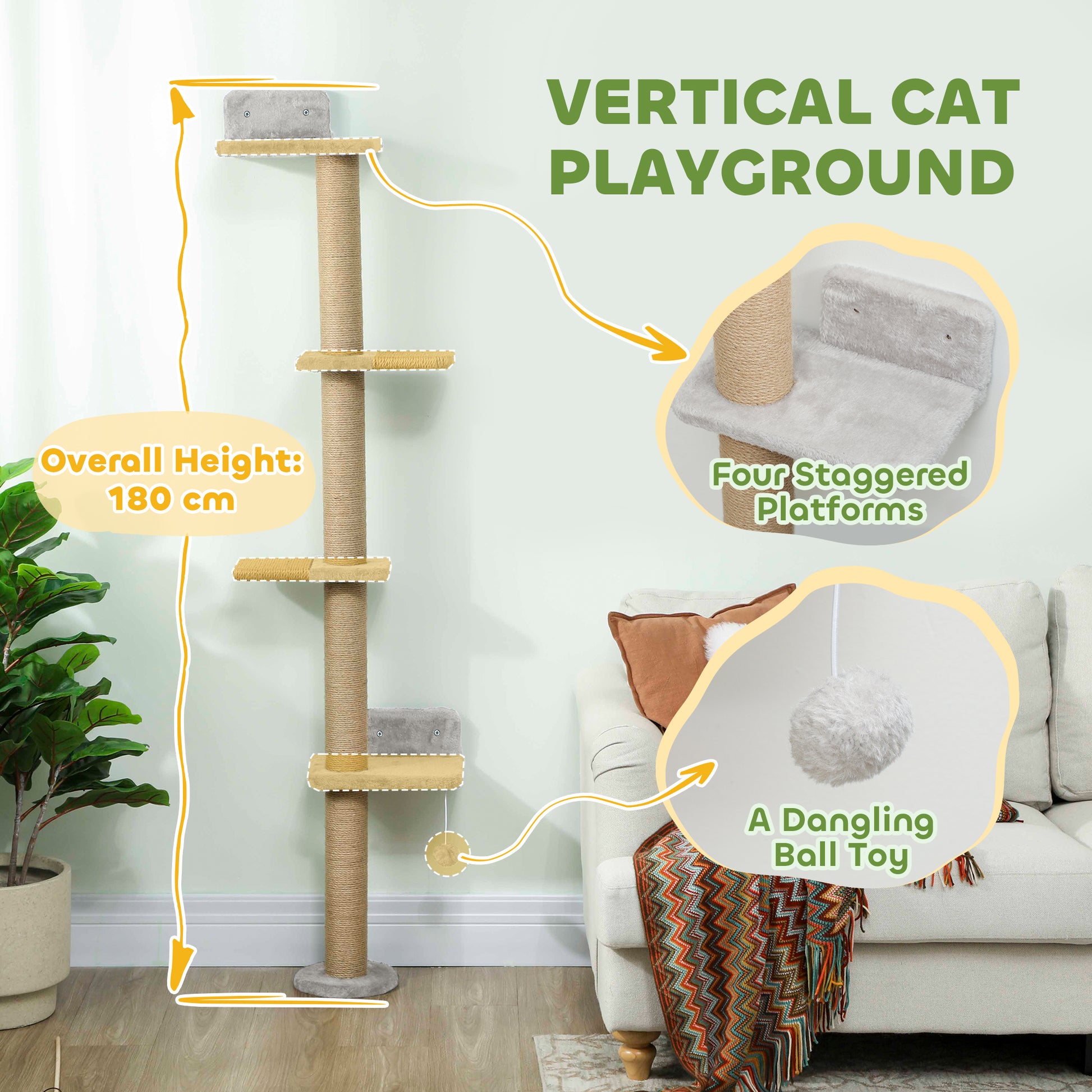 Wall Mounted Cat Shelves, Cat Climbing Wall with 4 Climbing Platforms, Jute Scratching Post and Toy Ball  Light Grey
