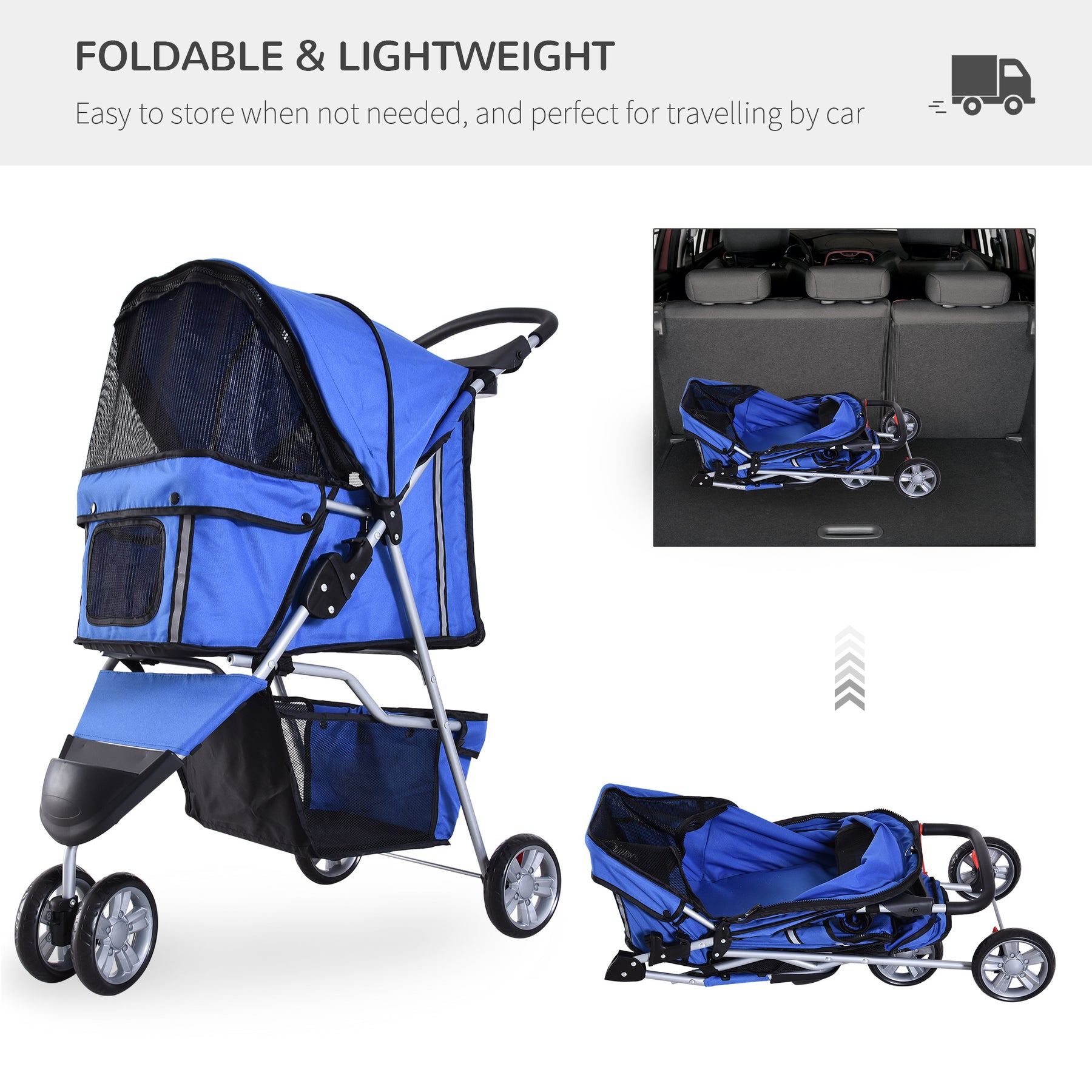 Dog Stroller, Miniature Dog and Cat Pushchair with Cover, Cup Holder, Storage, Reflective Safety Strips, Blue