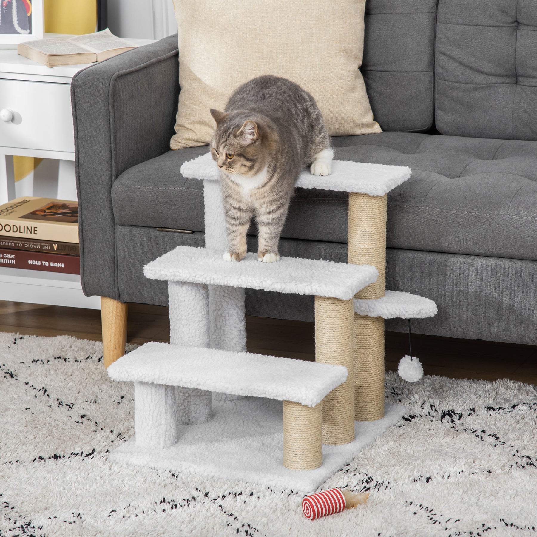 Pet Stair with 3-step Climb Ladder, Scratching Posts, Platforms, Toy Ball, for Indoor Cats Kittens, White