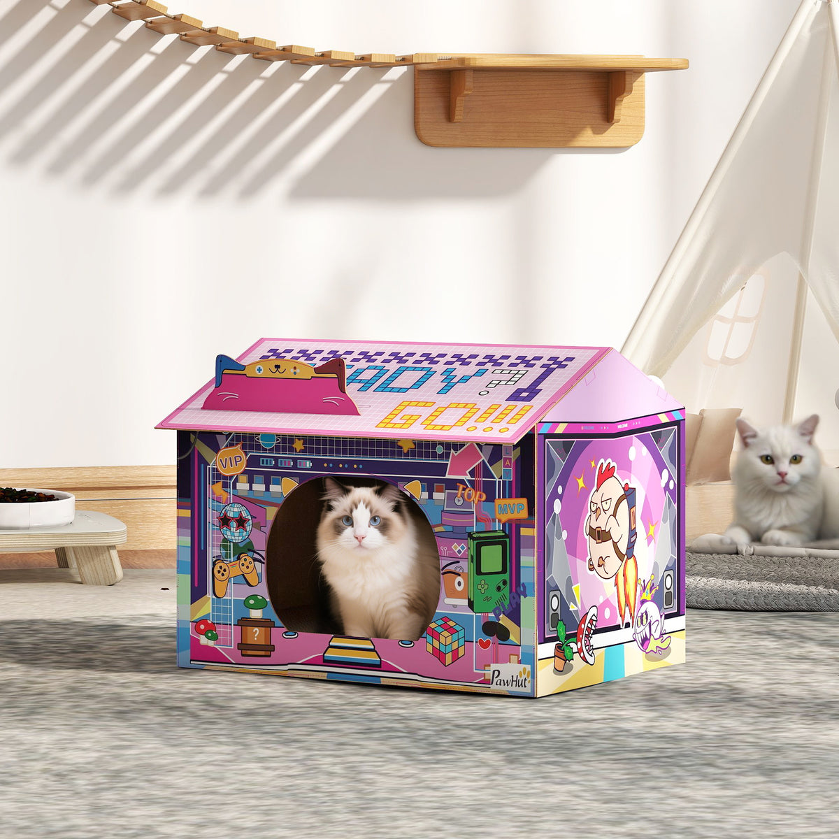 PawHut 2 in 1 Gaming Style Cardboard Cat House with Scratching Board & Catnip for Indoor Cats, Pink PawHut
