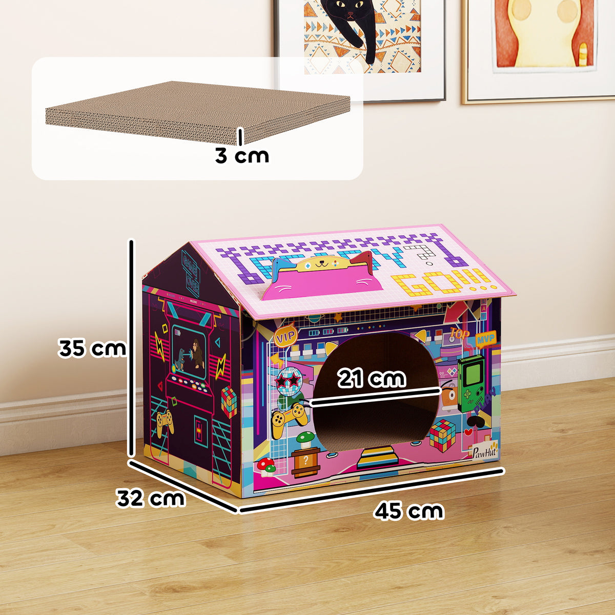 PawHut 2 in 1 Gaming Style Cardboard Cat House with Scratching Board & Catnip for Indoor Cats, Pink PawHut