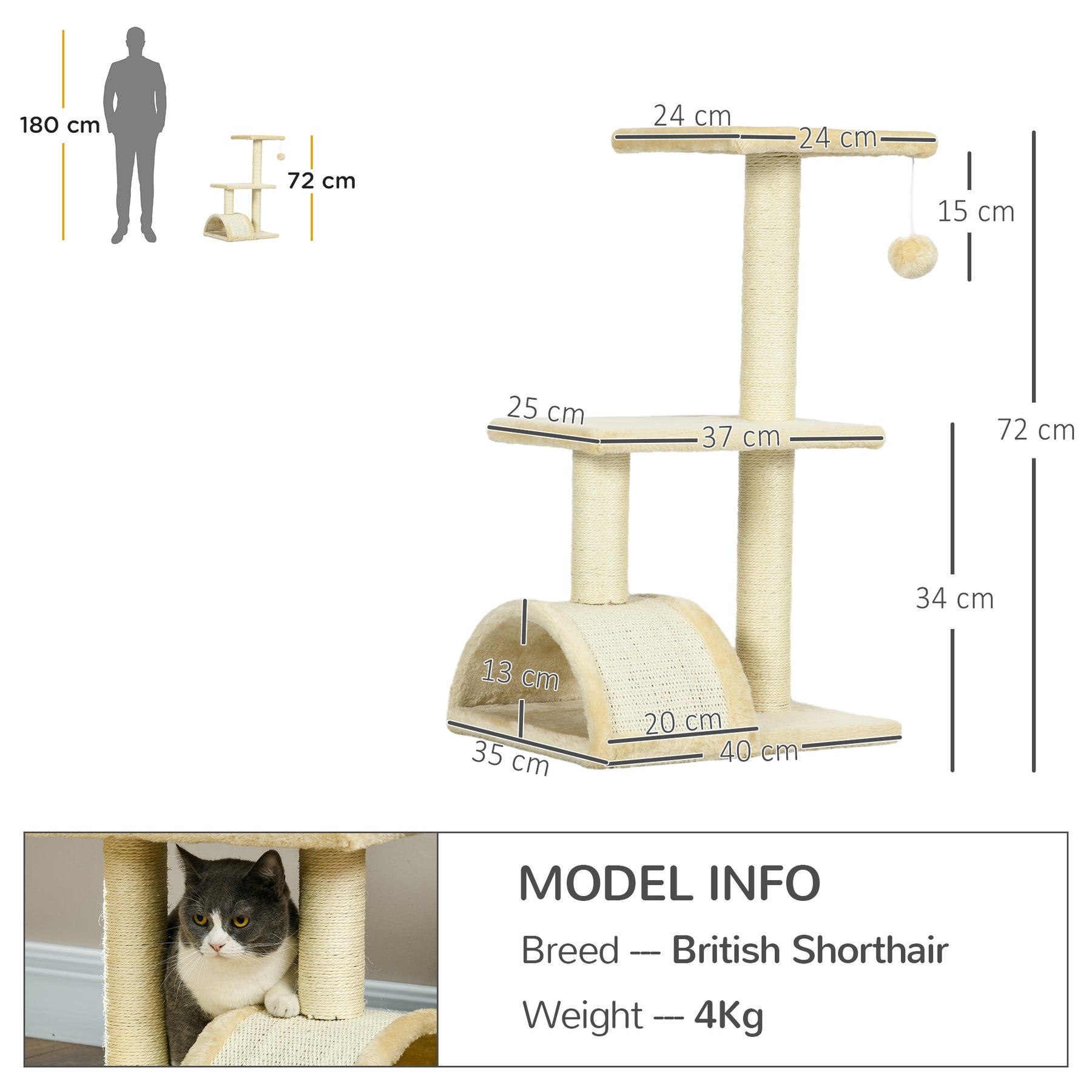 Cat Tree, Indoor Scratching Post with Pad, Sturdy and Comfortable, Cream White