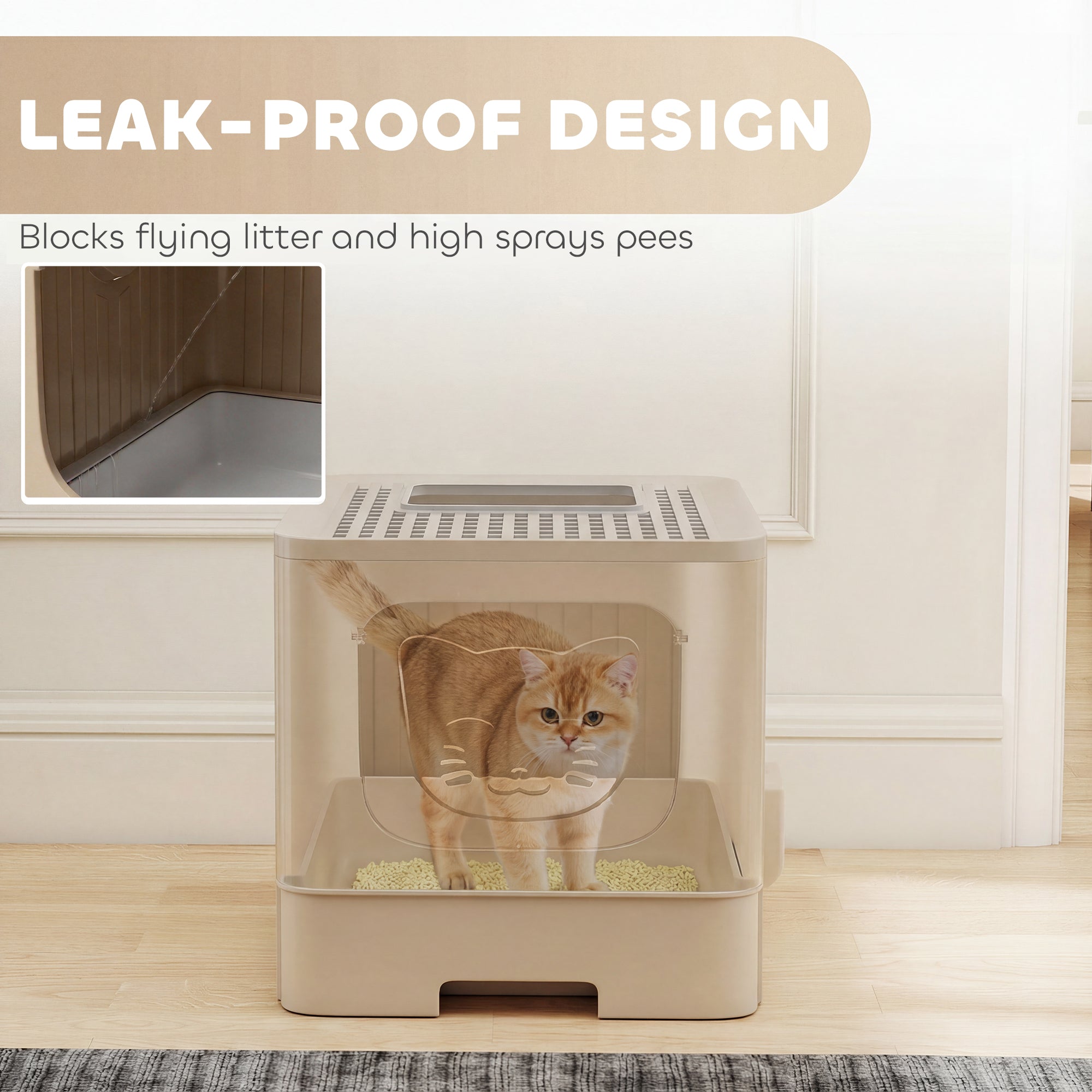 Foldable Cat Litter Box with Lid, Slide-Out Drawer, Scoop, Easy Clean, Odour Control, Anti-Splashing, Khaki
