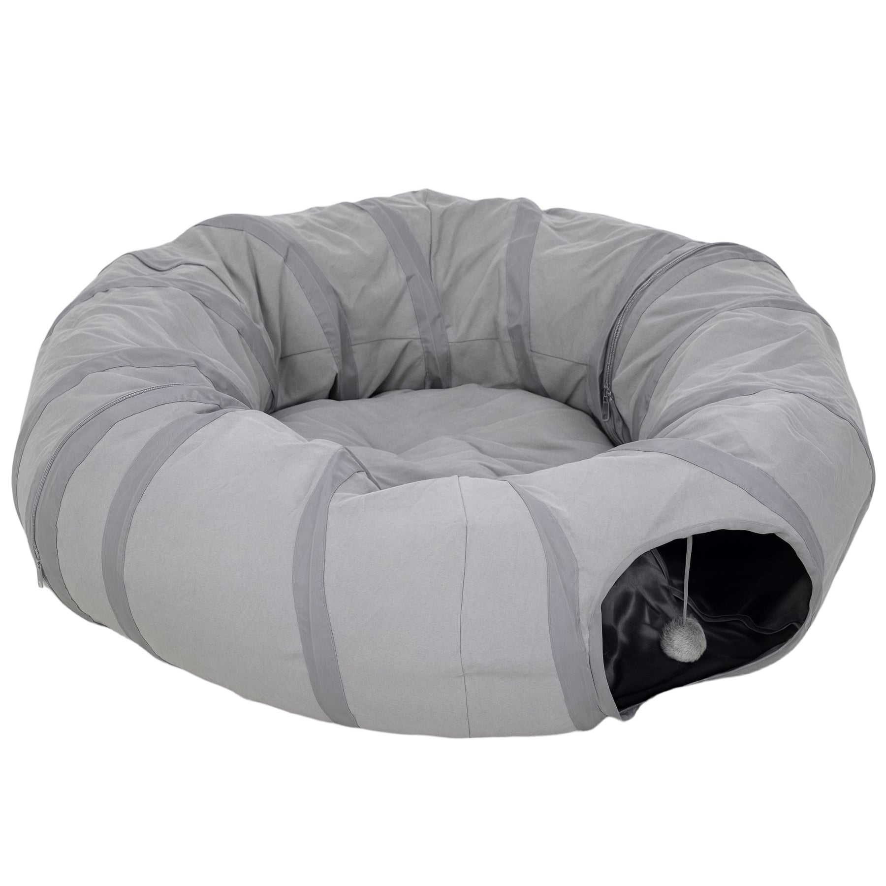 2 in 1 Cat Tunnel with Bed, Cat Play Tunnel with Ball & Peek Hole for Indoor Cats, Grey
