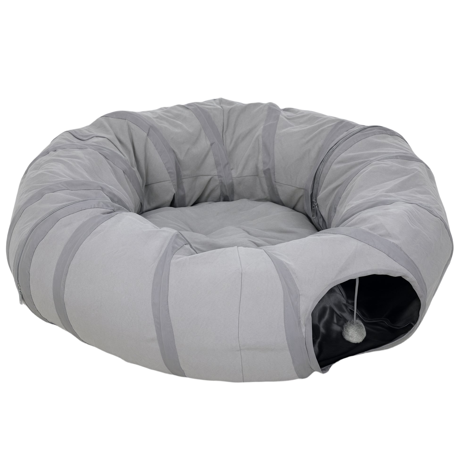 2 in 1 Cat Tunnel with Bed, Cat Play Tunnel with Ball & Peek Hole for Indoor Cats, Grey