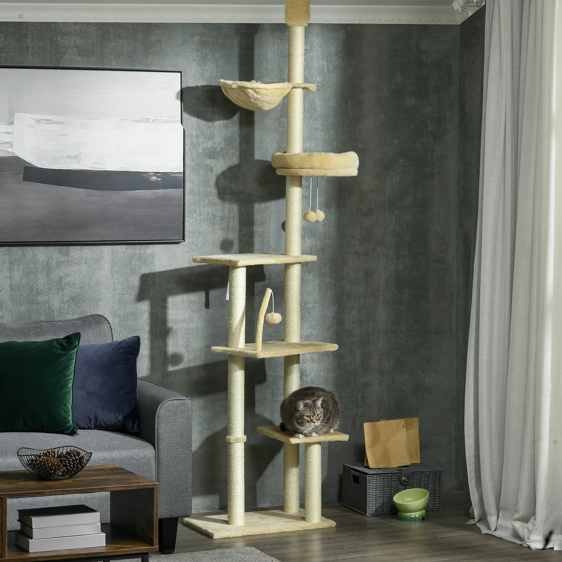 Cat Tree Floor to Ceiling, 6-Tier Play Tower with Scratching Post, Platforms, Adjustable Height, Beige
