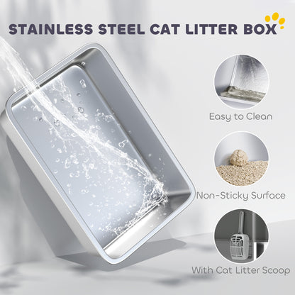 PawHut Stainless Steel Cat Litter Tray, Extra Large Enclosed Litter Box with Scoop, Top Entrance, Non-slip Pads, Dark Grey PawHut