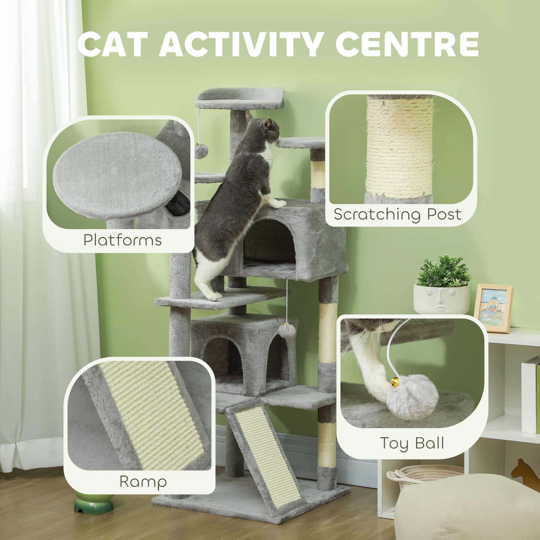 Cat Tree, Multi-Level Cat Tower with Scratching Posts and Pad, Bed, Condos, Platforms, Toy Balls, Light Grey
